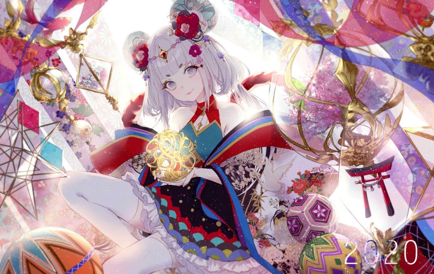 Anime girl with gray hair and flower in hair holding a ball HD Wallpaper