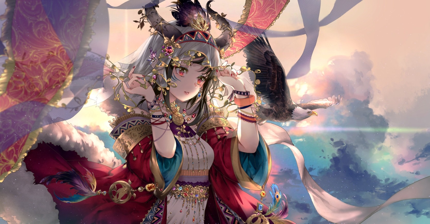Anime girl with horns and bald eagle in clouds HD Wallpaper
