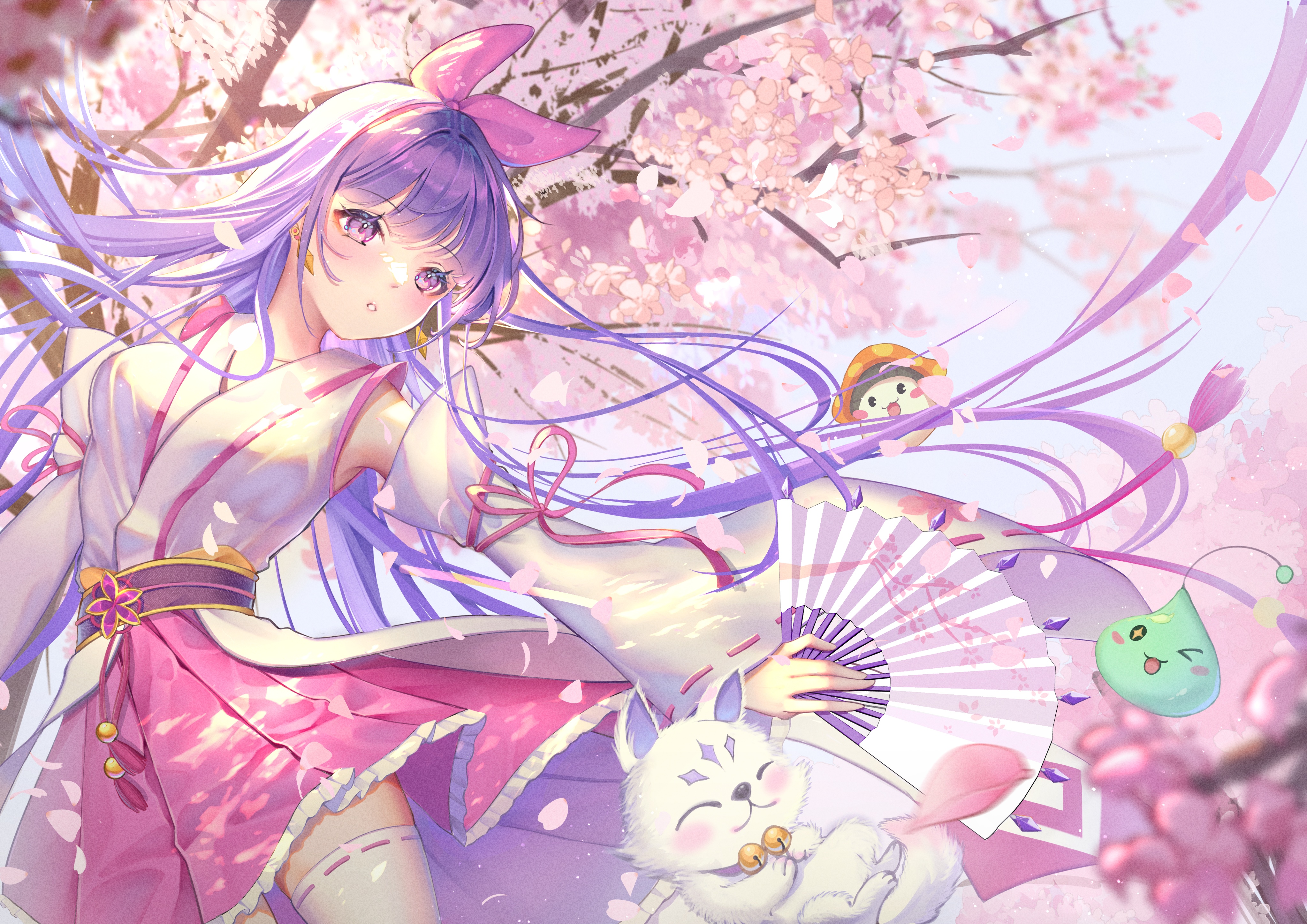 Anime girl with purple hair and cherry blossoms HD Wallpaper