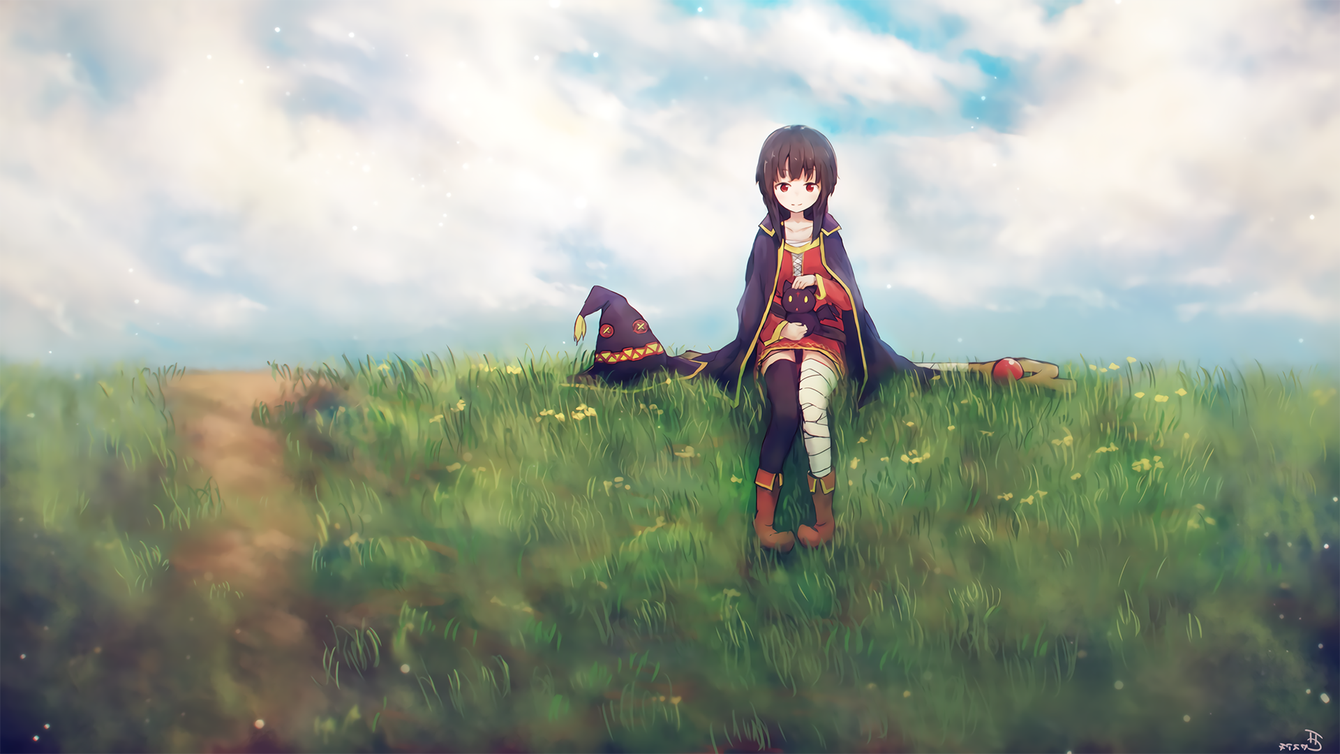 Megumin from KonoSuba sitting in a grassy field with her hat HD Wallpaper