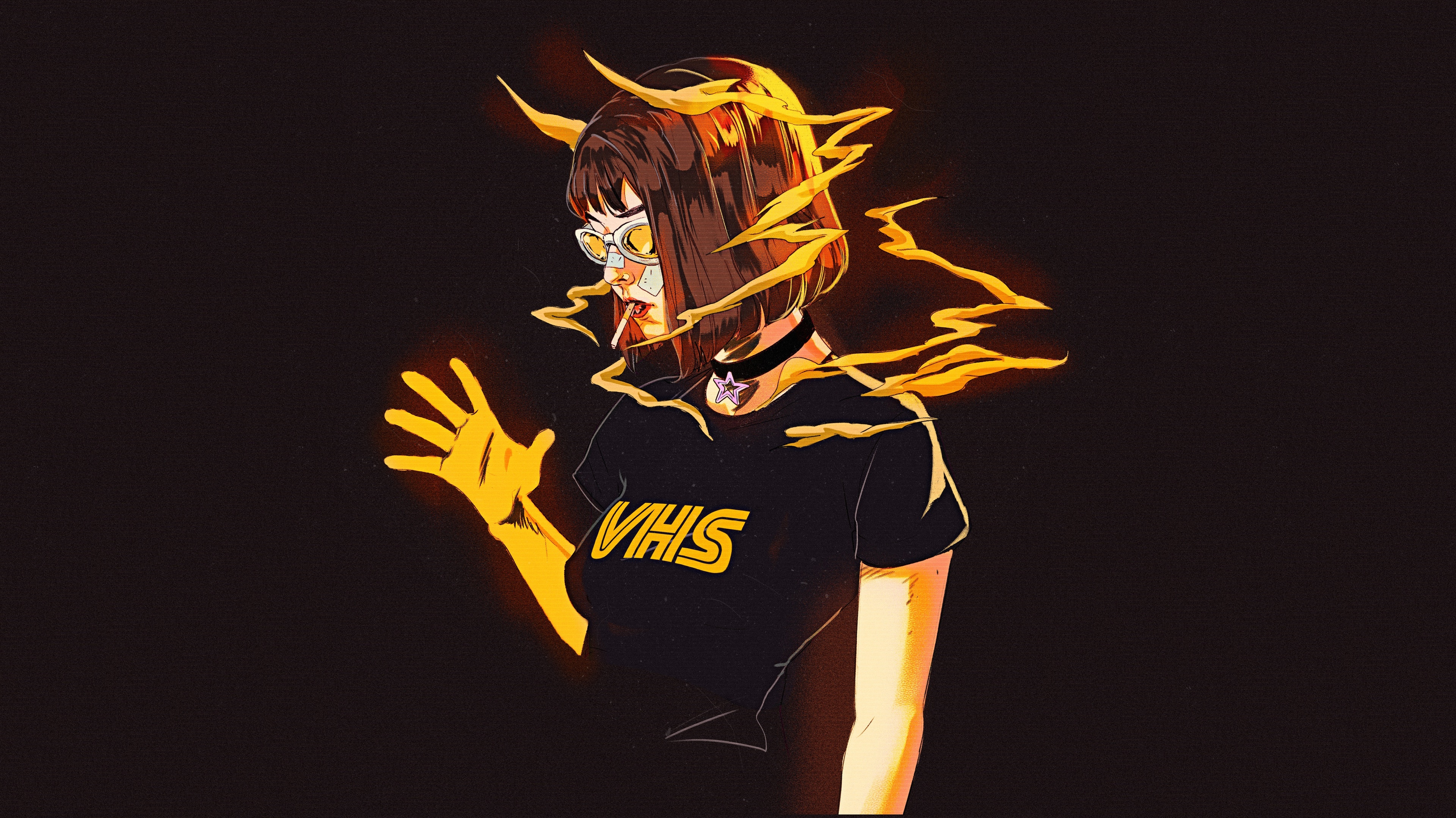 Woman with VHS shirt and horns smoking HD Wallpaper