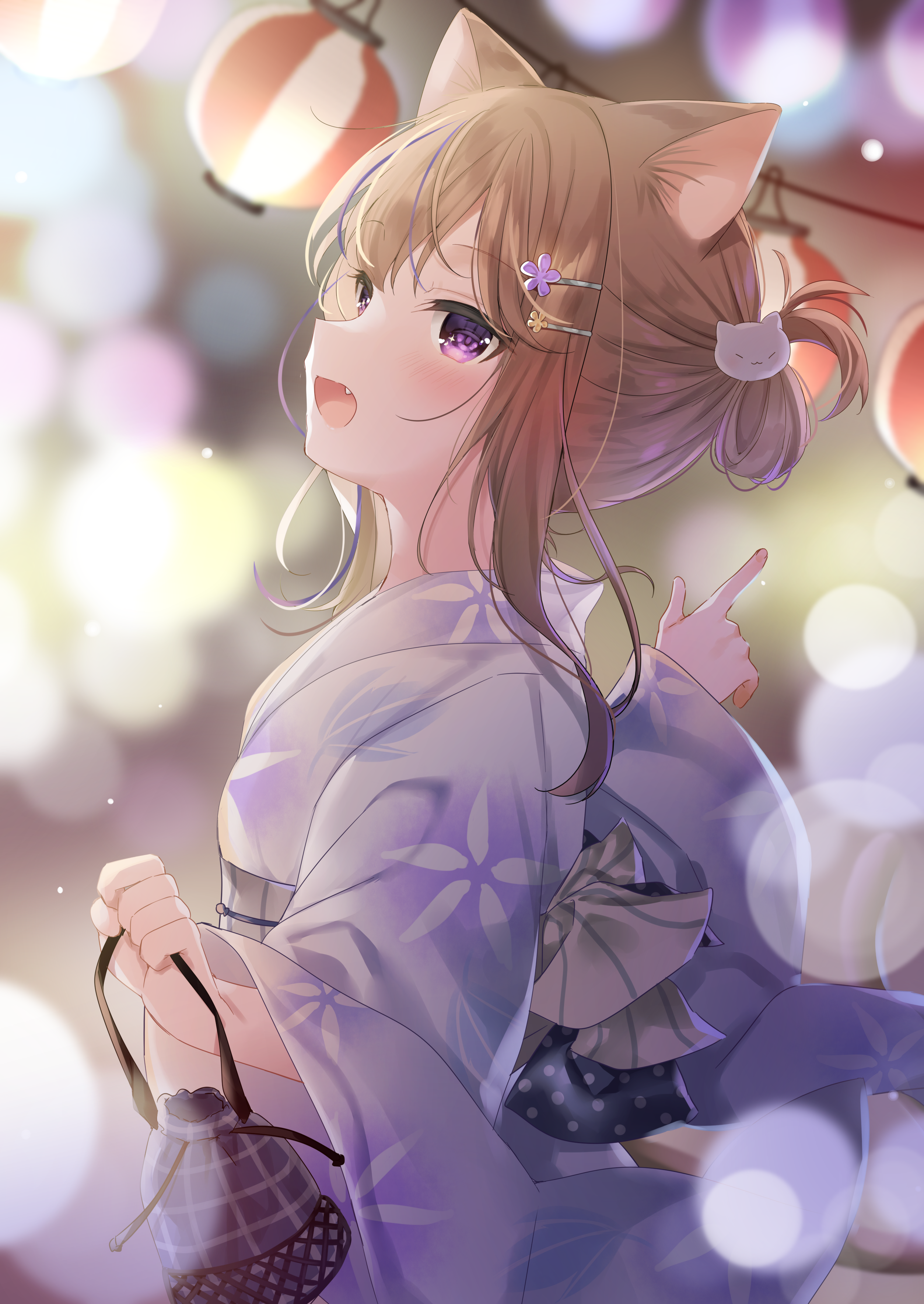 Cat girl in yukata with purple eyes and cat ears HD Phone Wallpaper