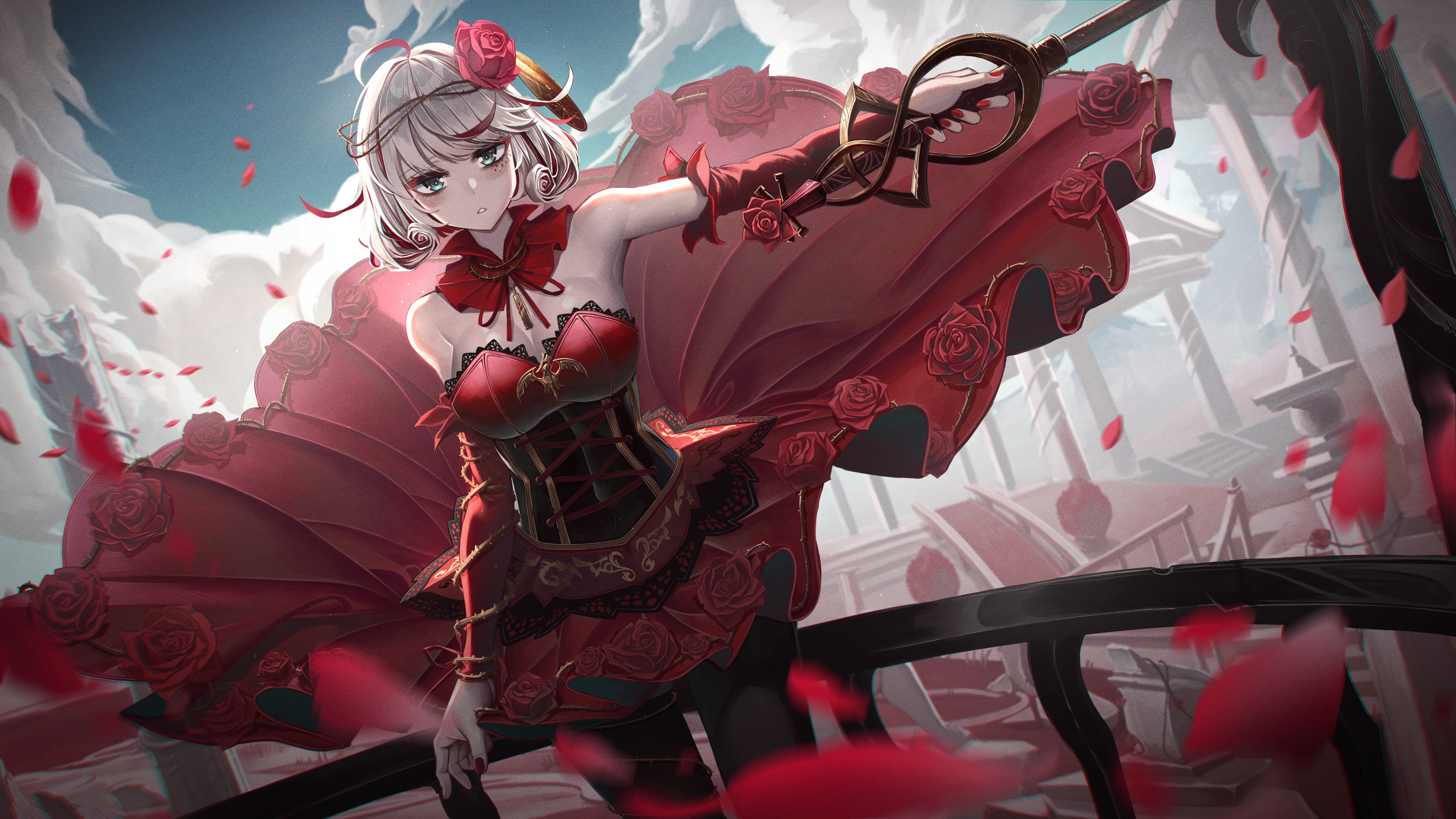 Girl with silver hair and sword in rose dress HD Wallpaper