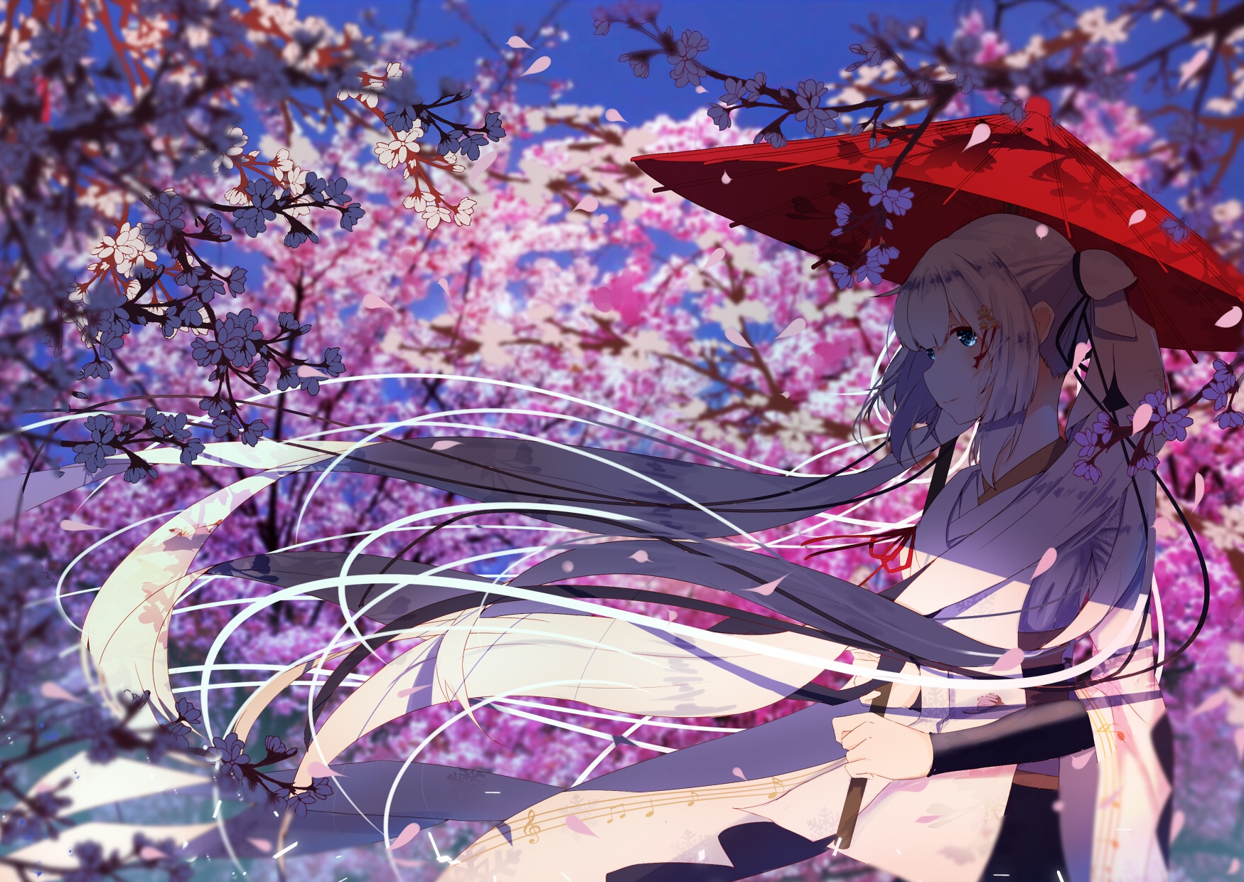 Anime girl with blonde hair under a red umbrella surrounded by cherry blossoms HD Wallpaper