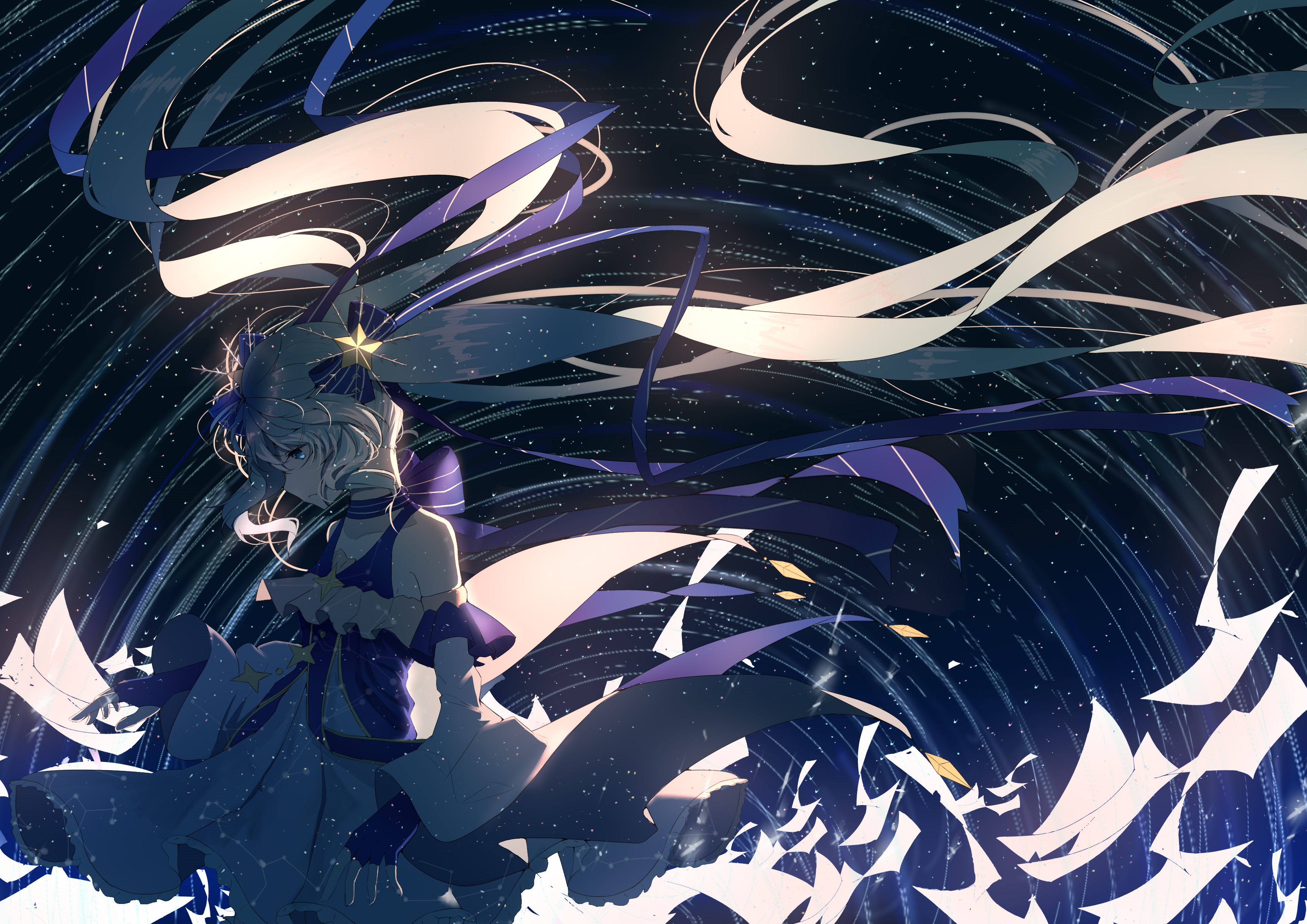 Hatsune Miku in a starry sky with flowing ribbons HD Wallpaper