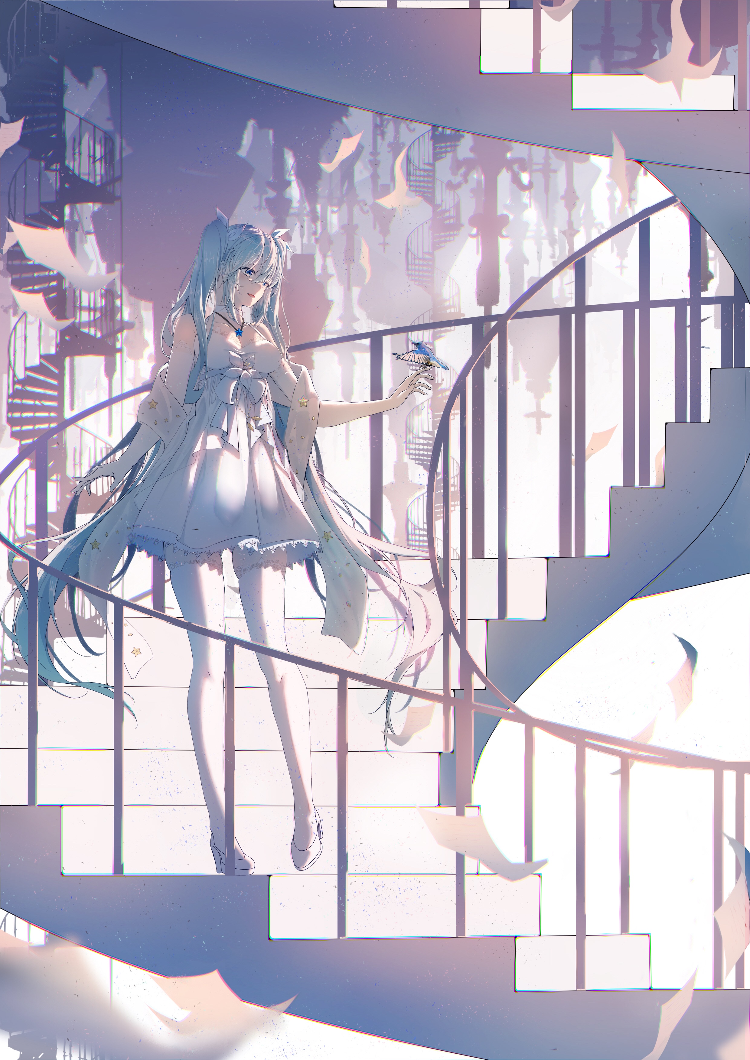 Hatsune Miku on a Staircase with a Bird HD Phone Wallpaper