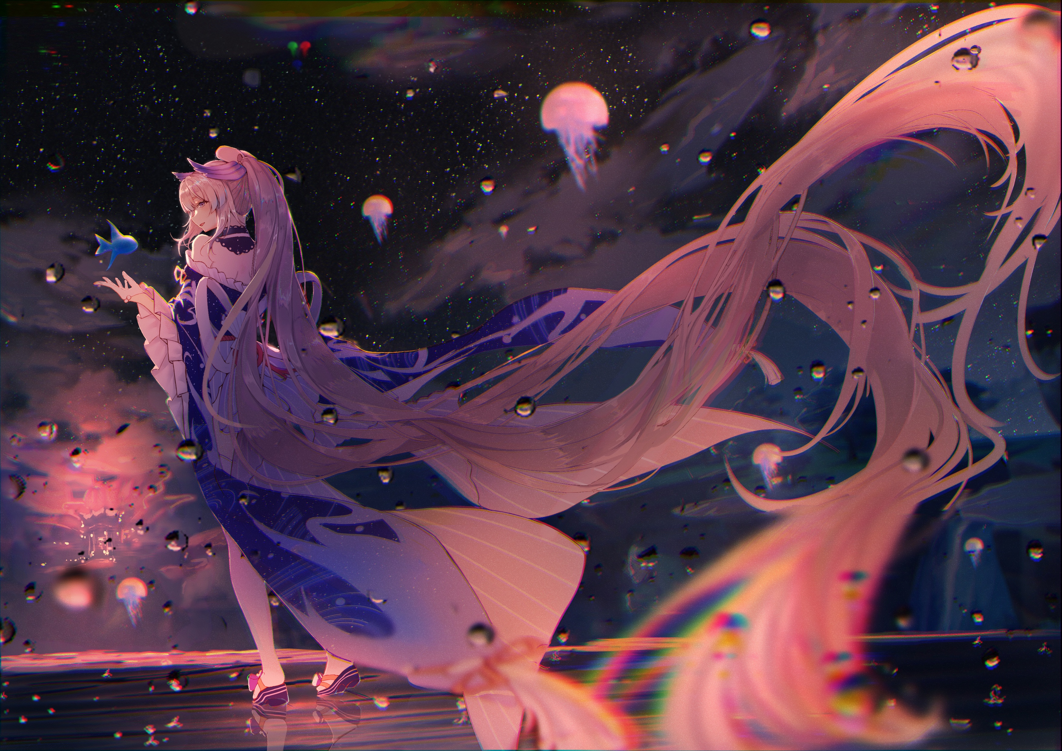 Sangonomiya Kokomi with fish and jellyfish HD Wallpaper