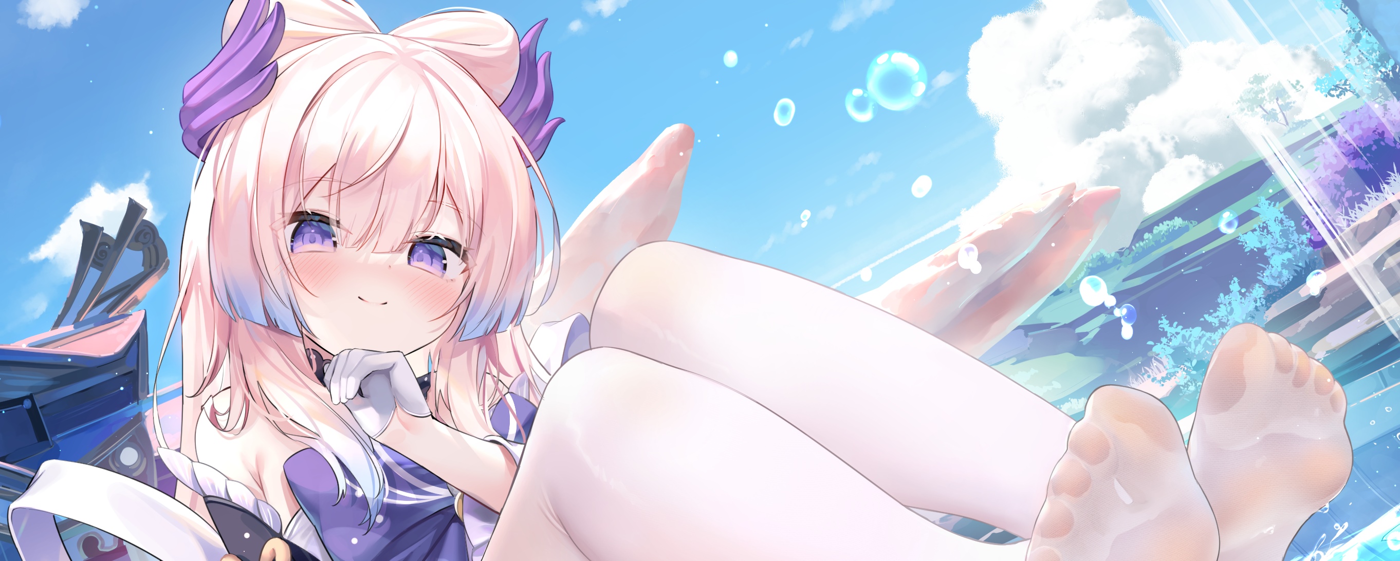 Sangonomiya Kokomi smiling with feet in the air HD Wallpaper