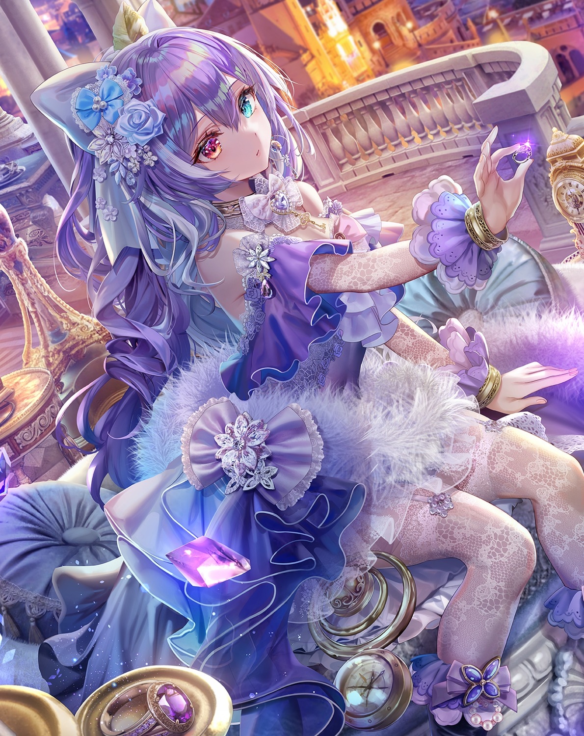 Keqing in a purple dress with lace and crystals HD Phone Wallpaper
