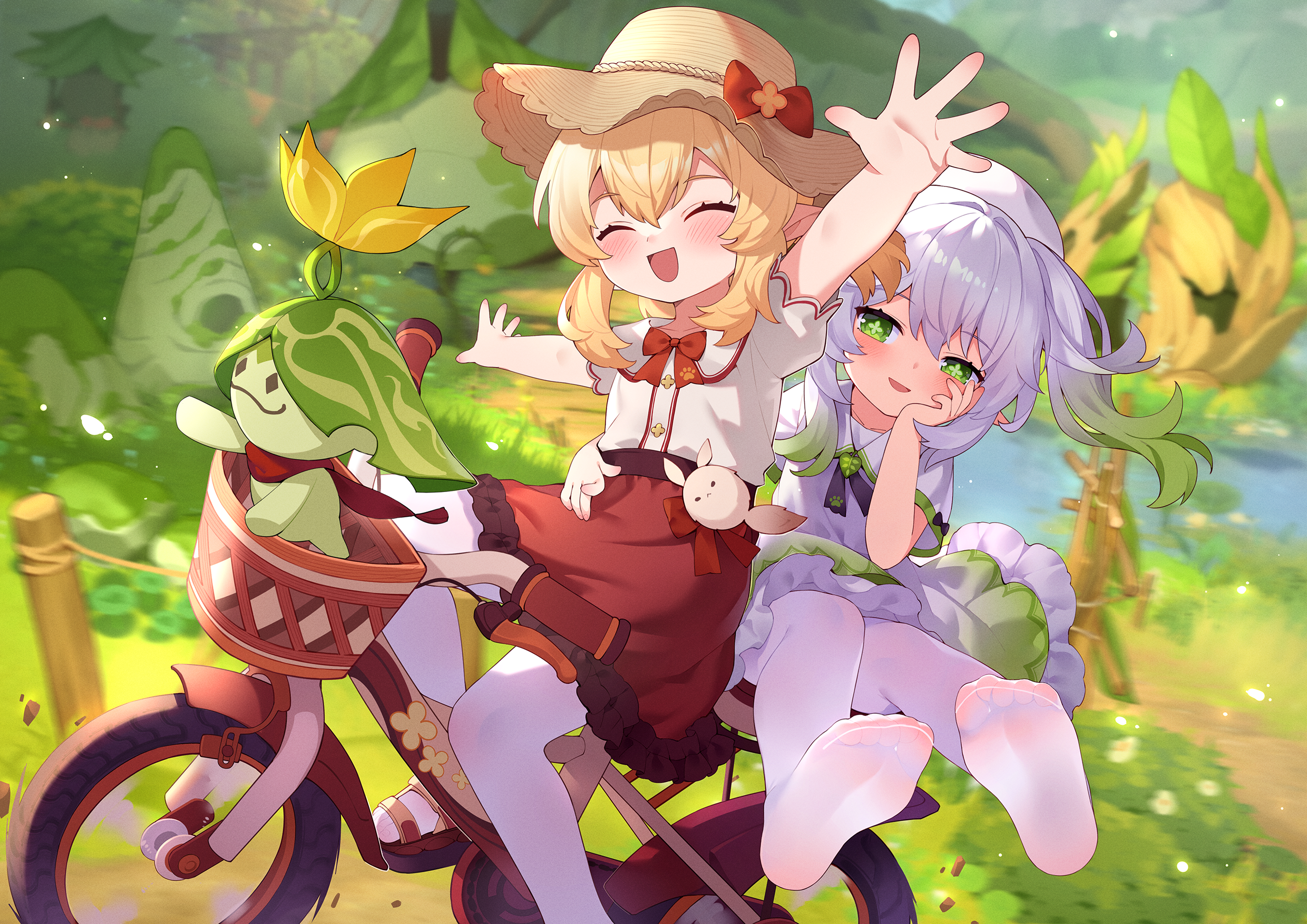 Klee and Nahida riding a bicycle with an Aranara HD Wallpaper