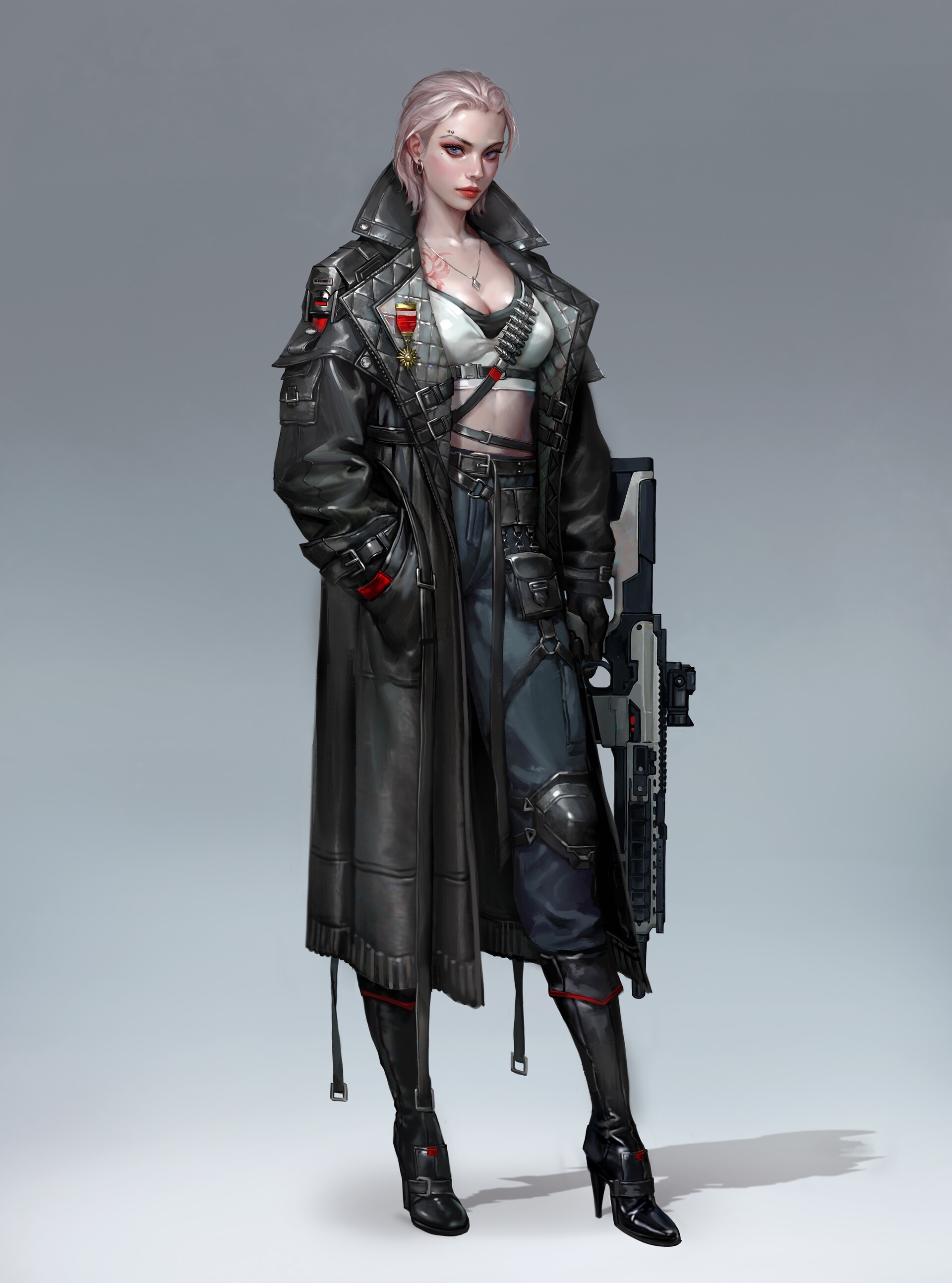 Woman in trench coat holding a rifle HD Phone Wallpaper