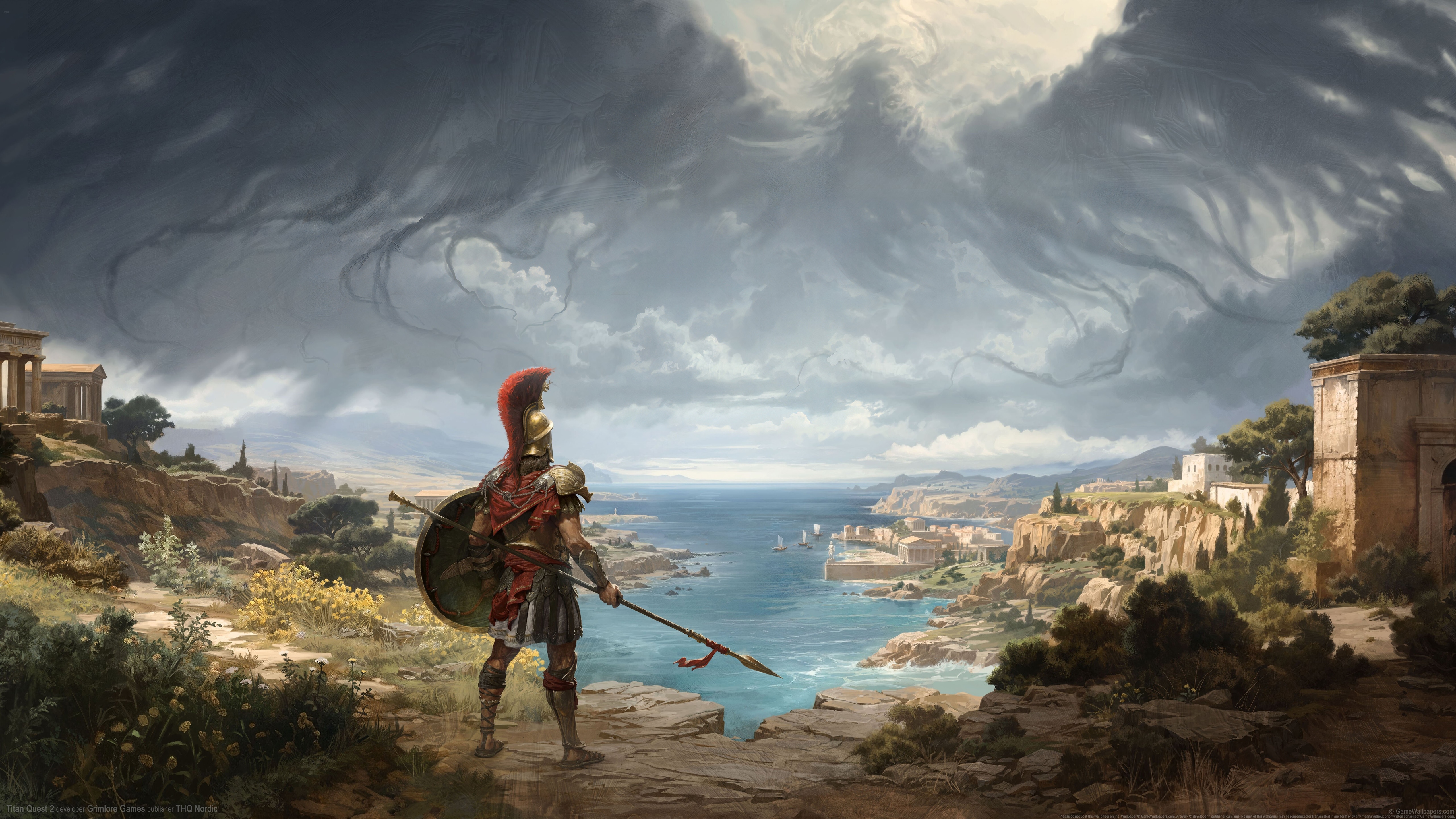 4K Spartan Warrior overlooking a Greek City HD Wallpaper