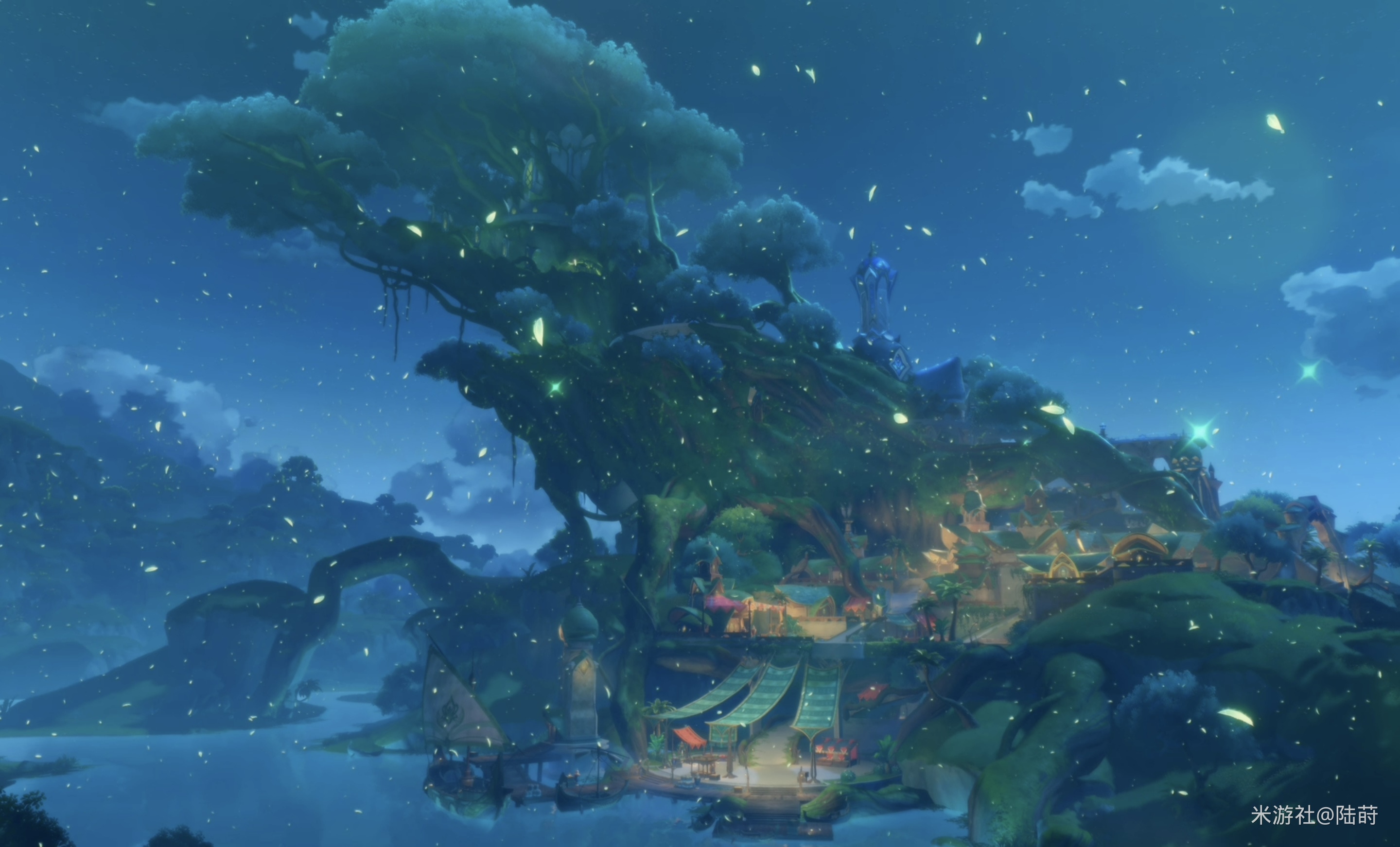 Genshin Impact night scene with a giant tree village HD Wallpaper