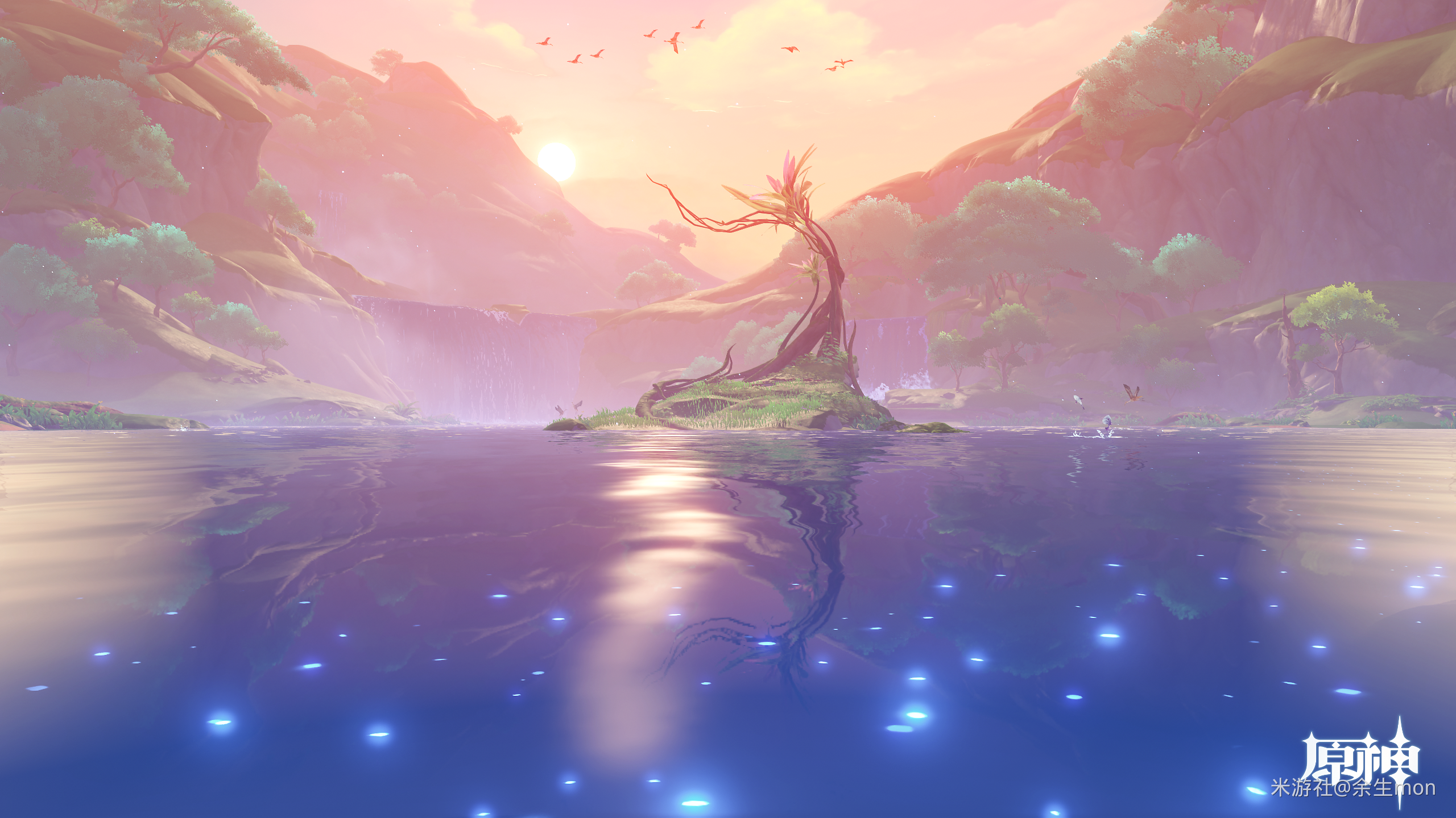 Genshin Impact: Island tree reflection at sunset HD Wallpaper