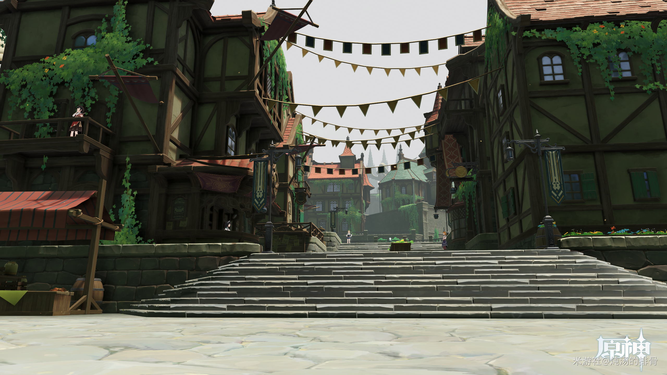 Genshin Impact village with stairs and banners HD Wallpaper
