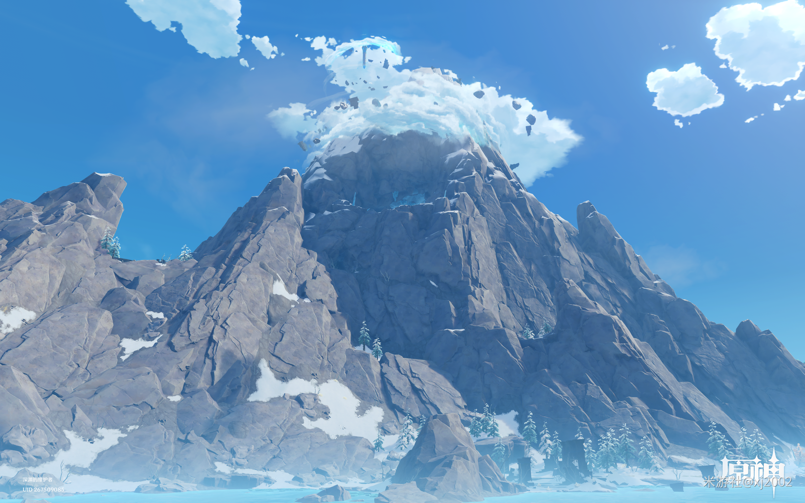 Genshin Impact: Snowy Mountain Peak with Floating Ice Chunks HD Wallpaper