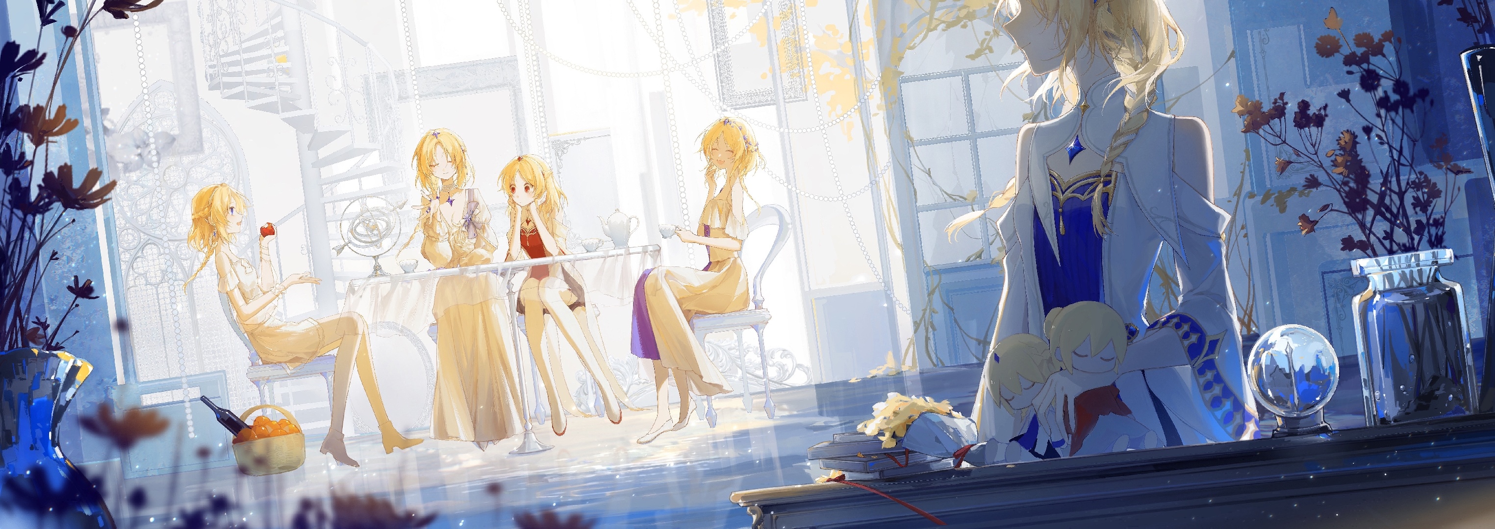 Blonde characters in a sunlit room with a spiral staircase HD Wallpaper