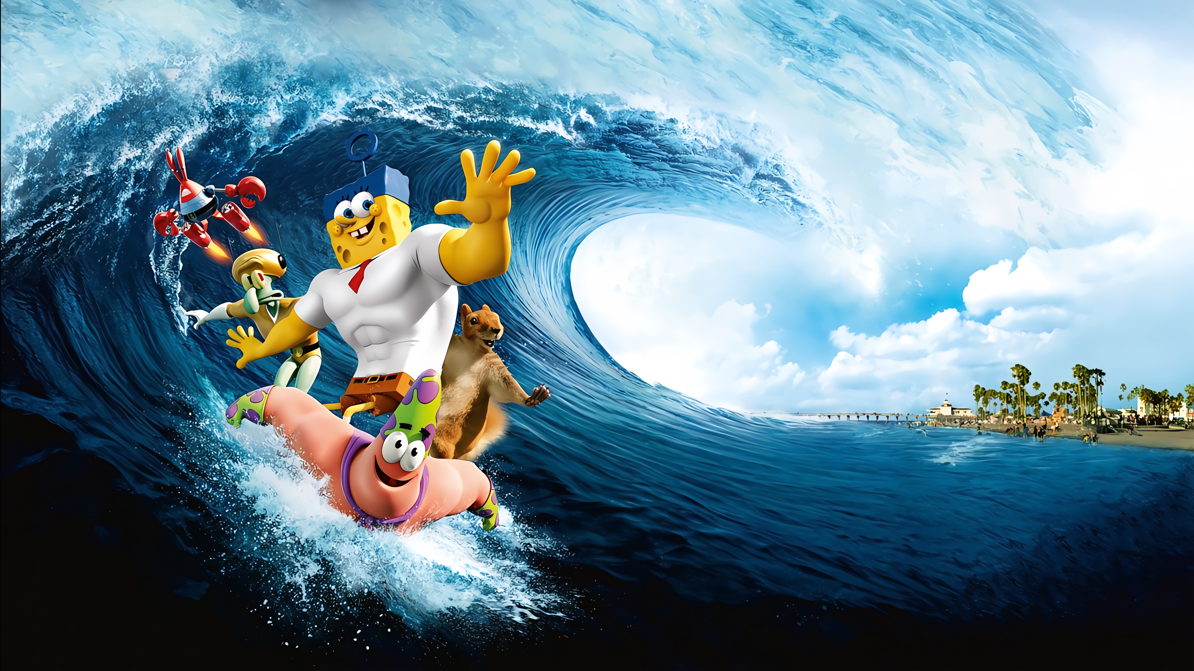 SpongeBob SquarePants, Patrick, and friends surfing a giant wave HD Wallpaper