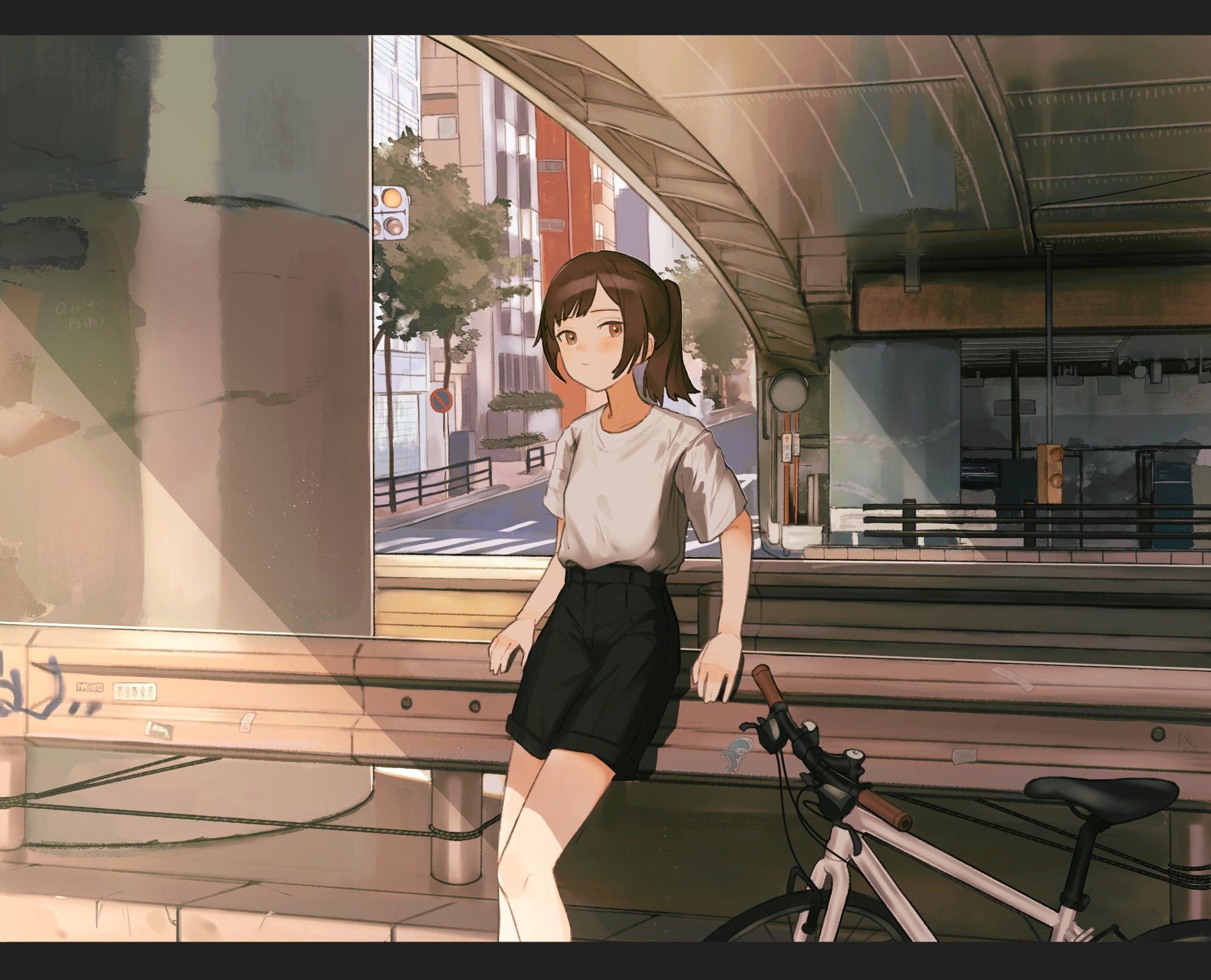 Girl with ponytail and bicycle under a bridge HD Wallpaper