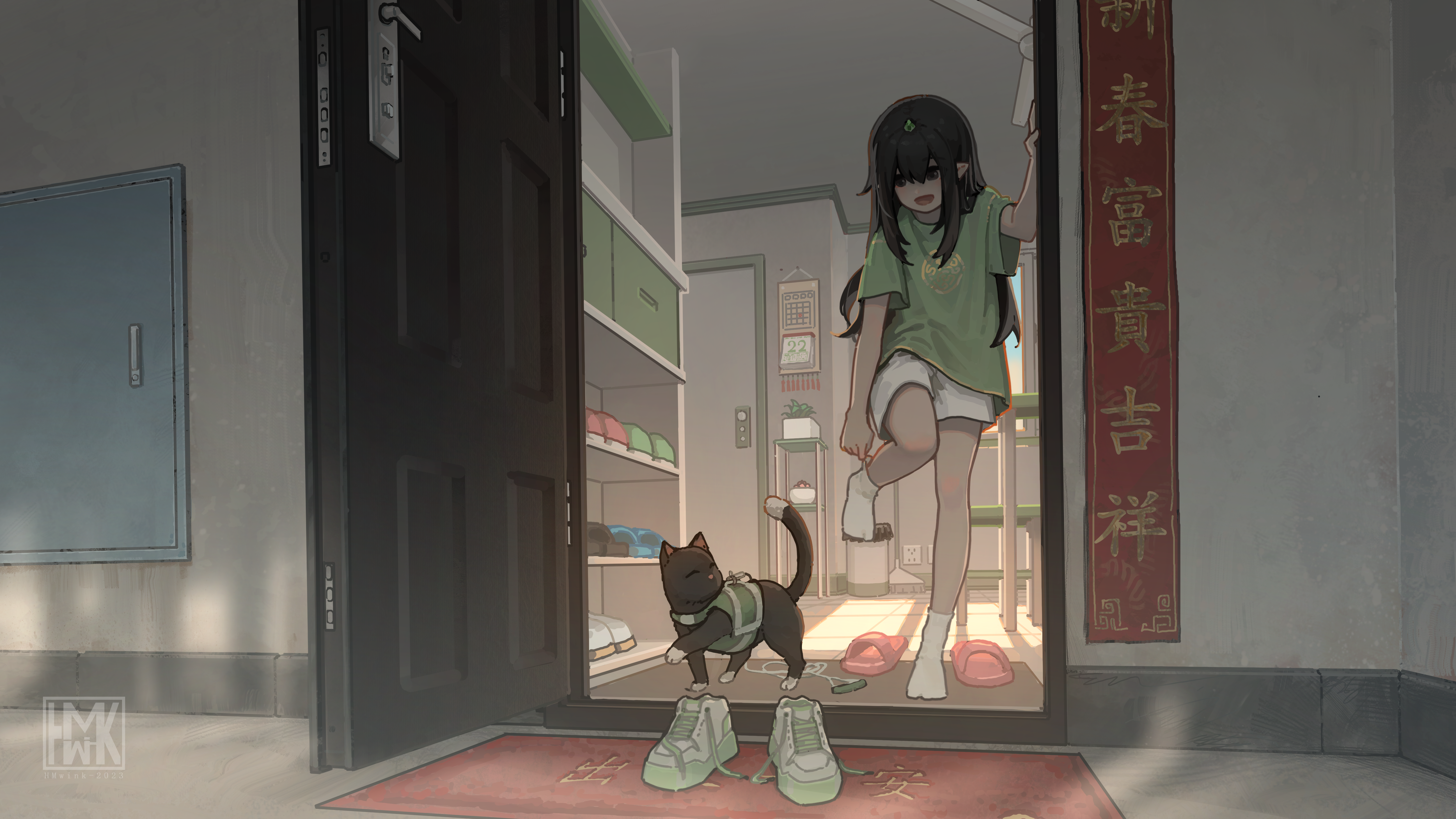Girl and cat by the door with shoes HD Wallpaper
