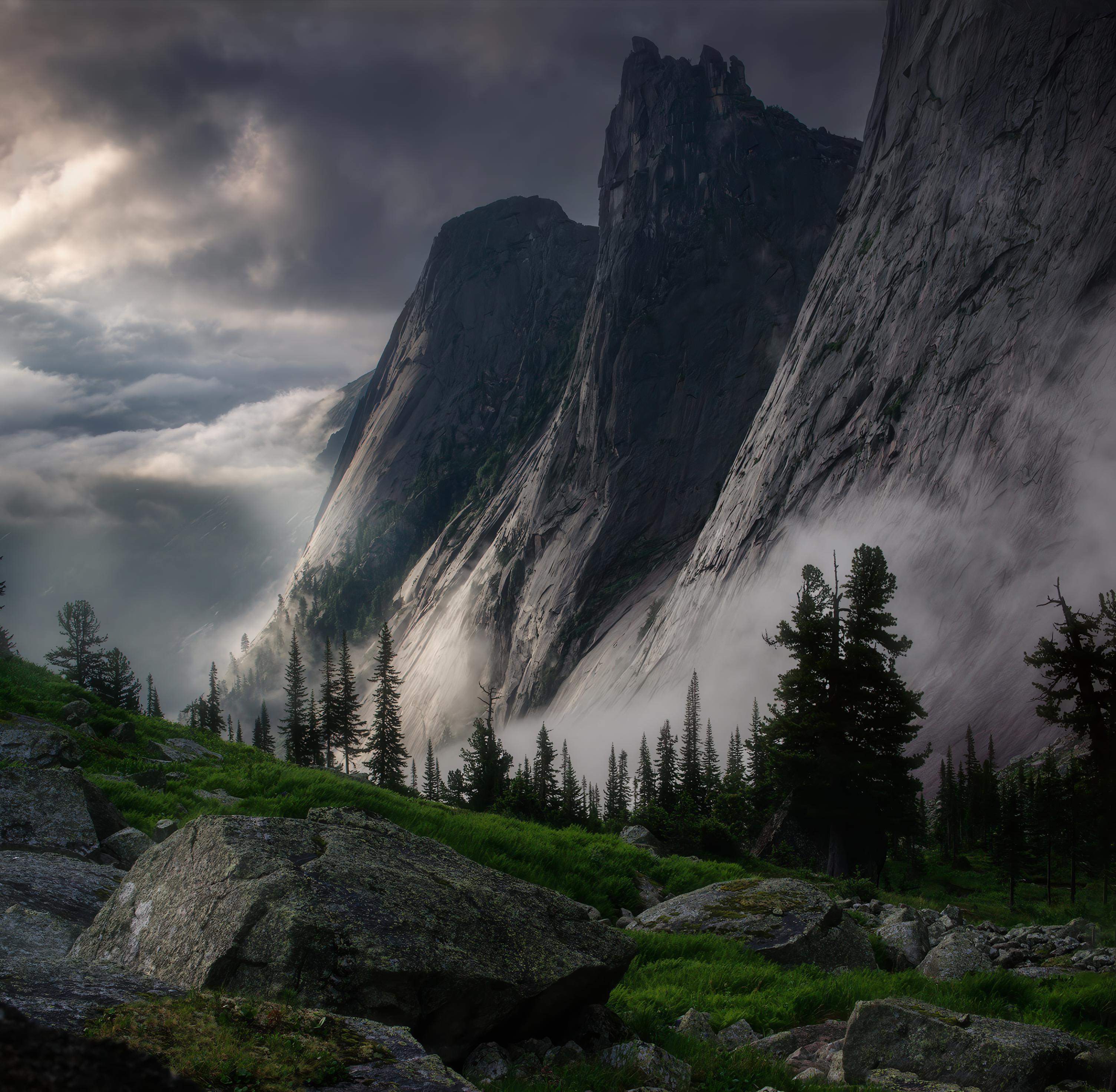 Misty mountains and pine trees in Russia HD Wallpaper