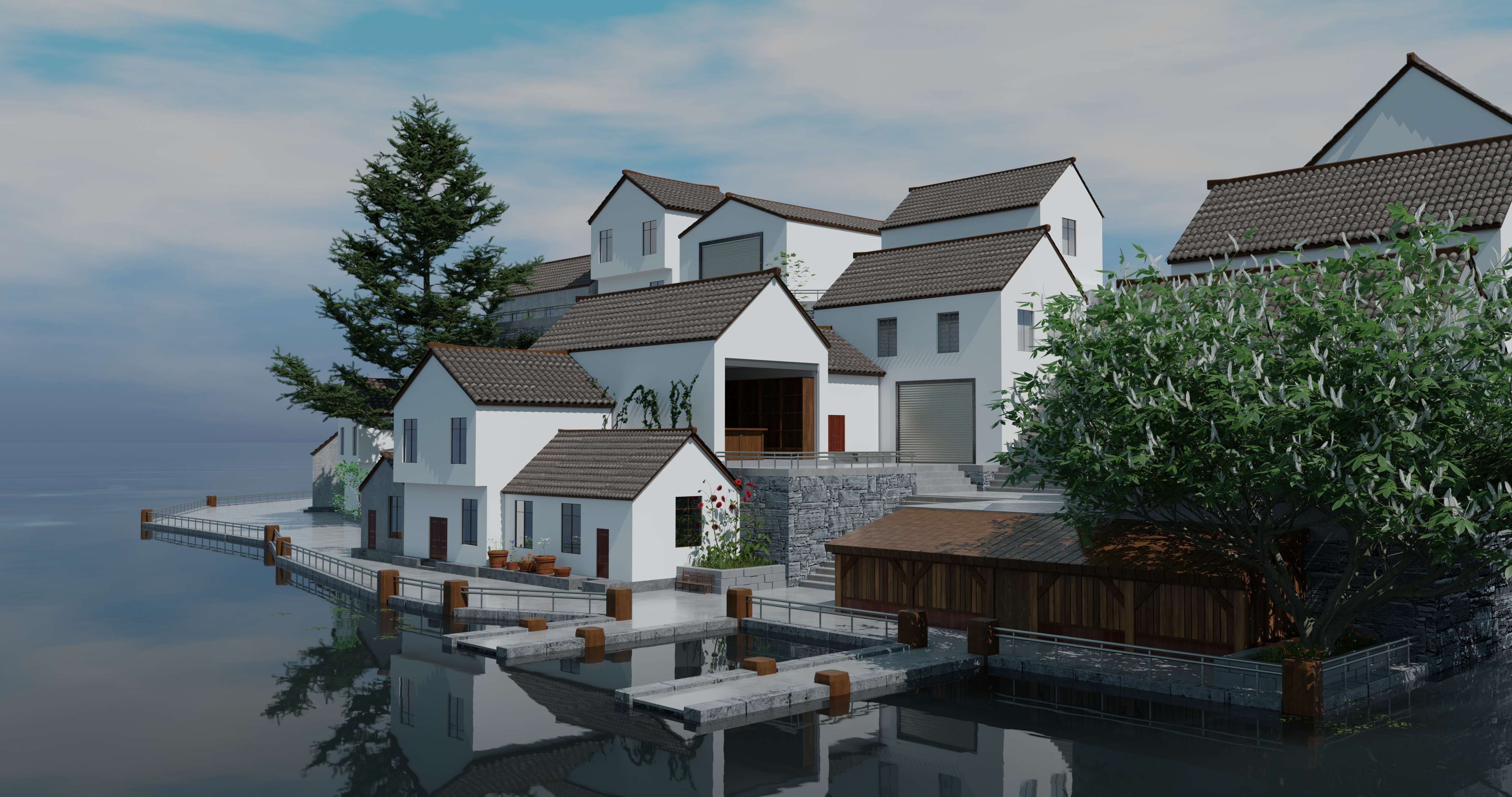 4K village with houses and trees by the water HD Wallpaper