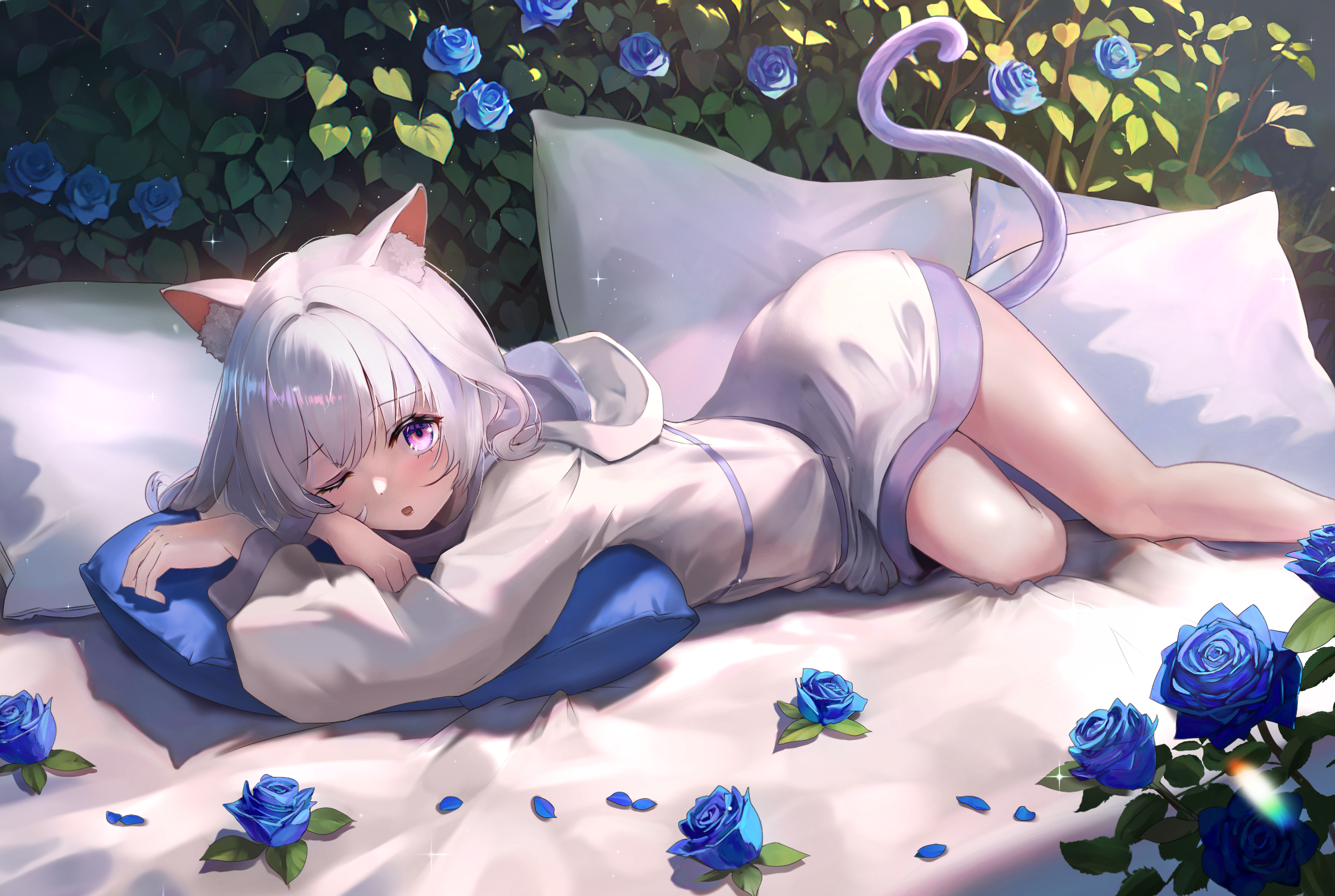 Cat girl with purple eyes lying down with blue roses HD Wallpaper