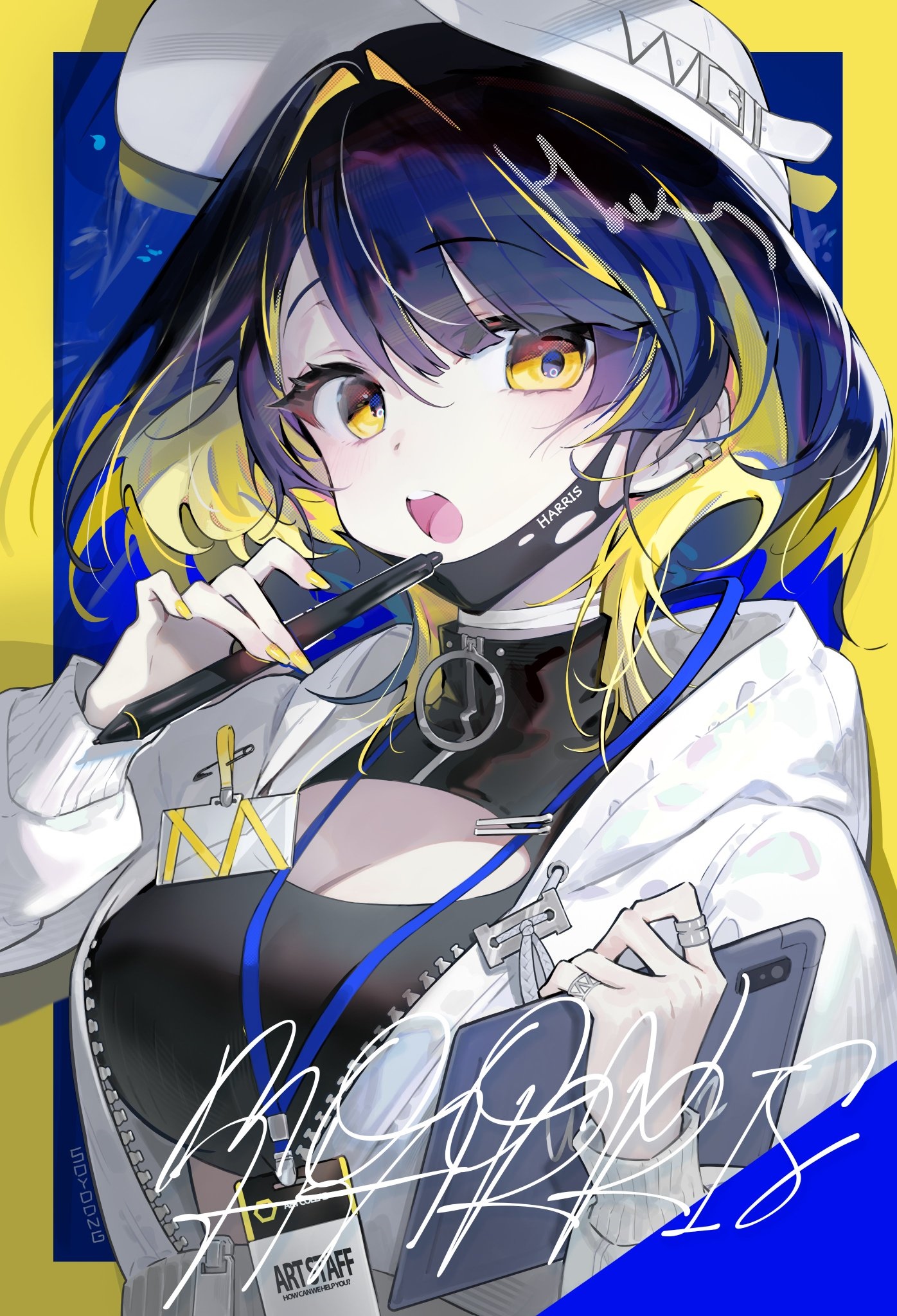 Anime girl with yellow eyes wearing a hat and mask HD Phone Wallpaper