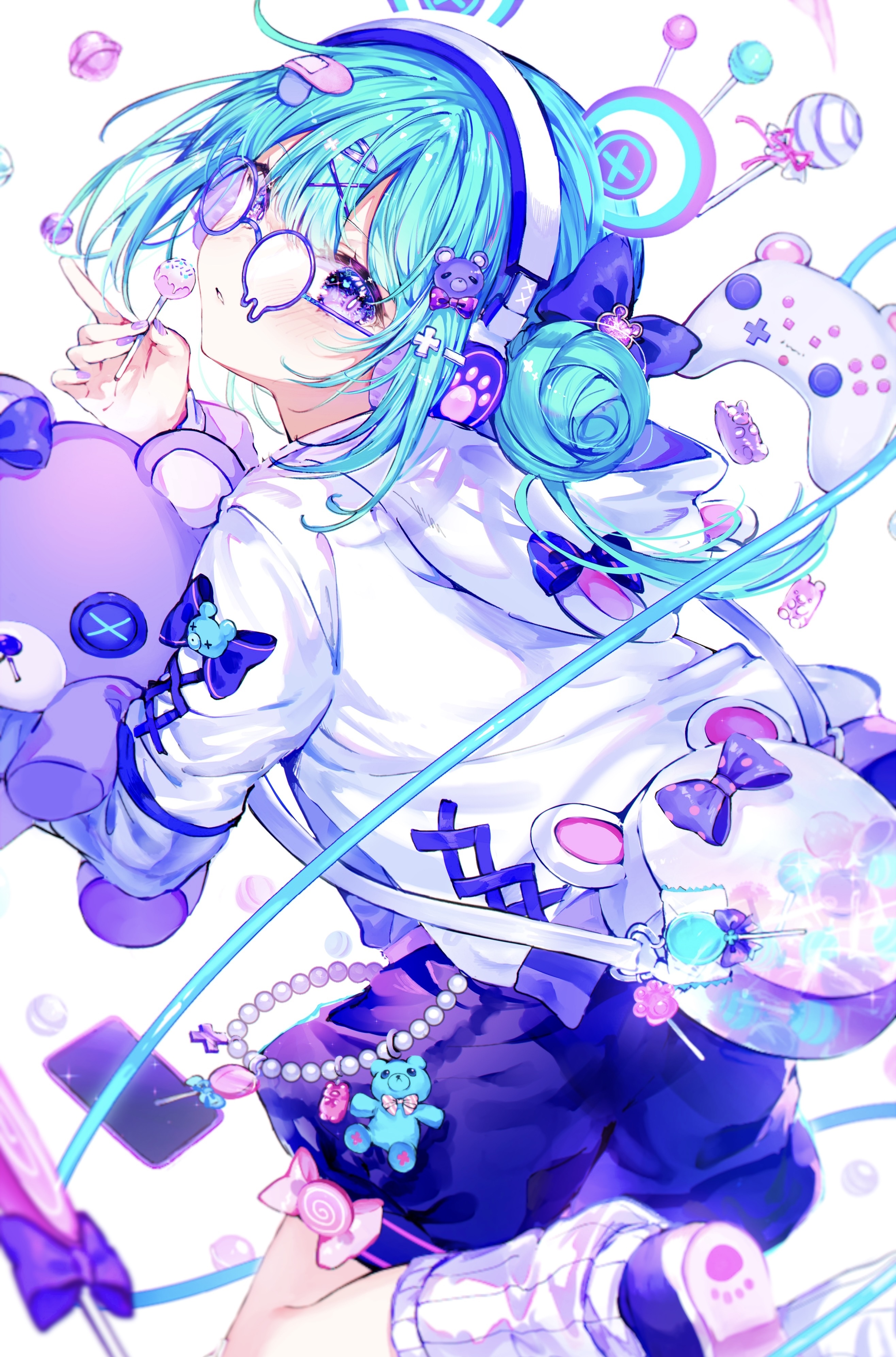 Anime girl with blue hair, headphones, and teddy bears HD Phone Wallpaper