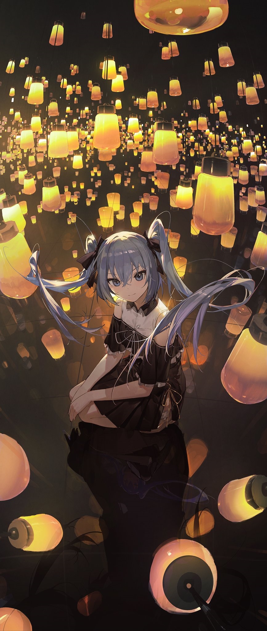 Girl with twintails and silver hair among lanterns HD Phone Wallpaper