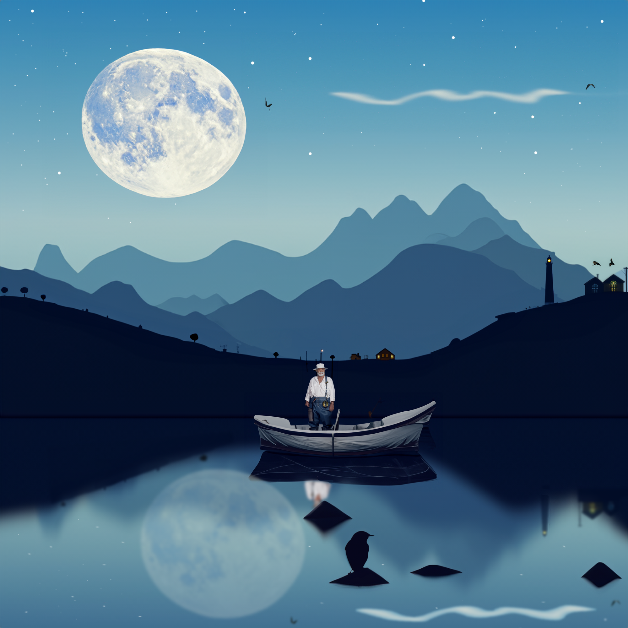 Fisherman in a boat on a lake under the full moon HD Wallpaper