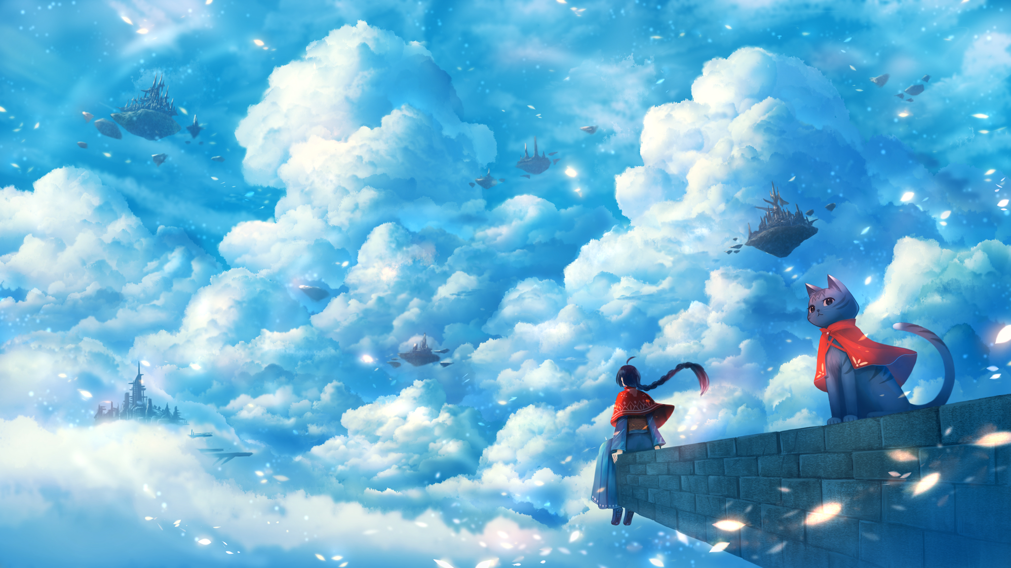 Girl and Cat on a Cloud Platform HD Wallpaper