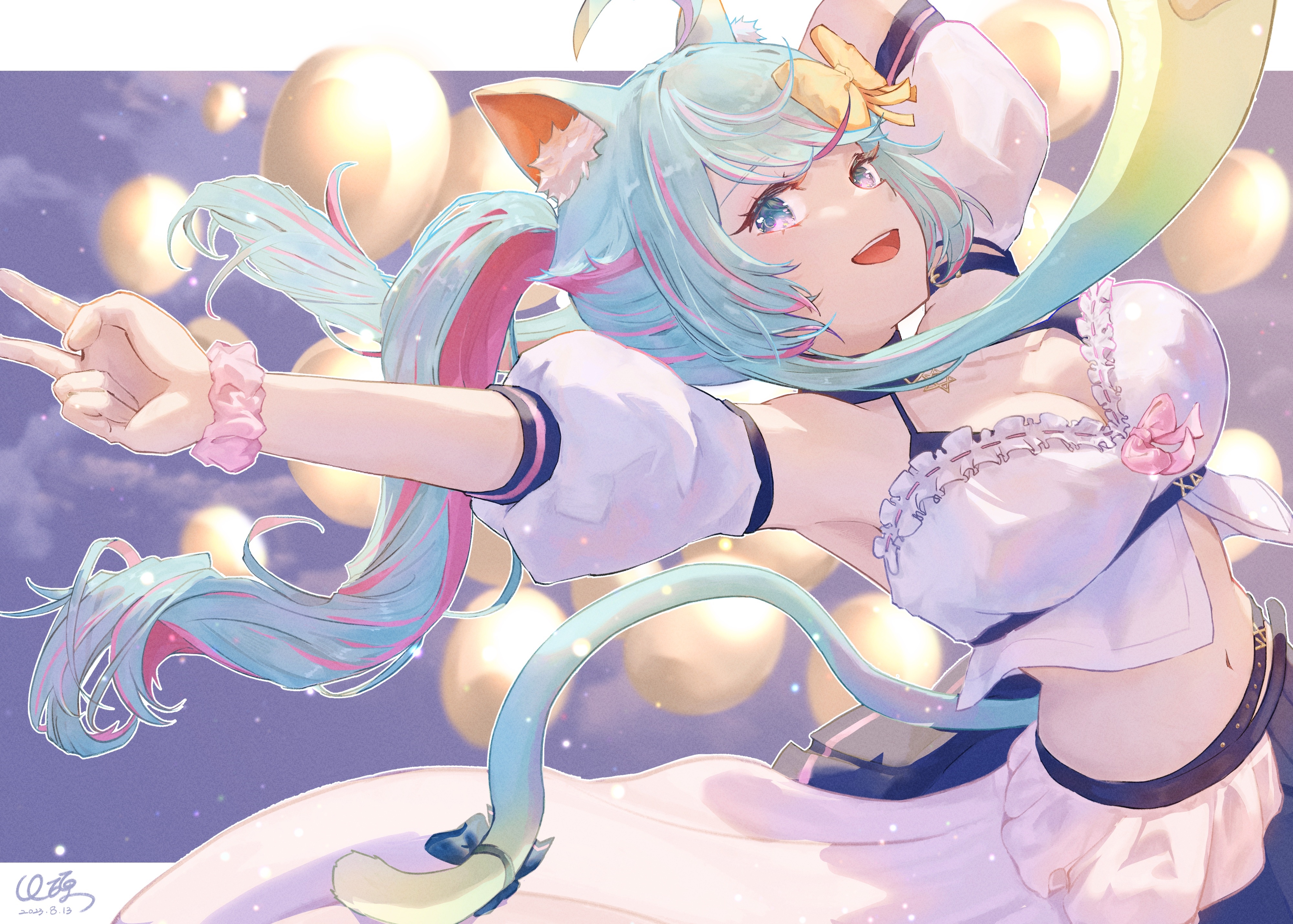 Cat girl with twintails and balloons HD Wallpaper