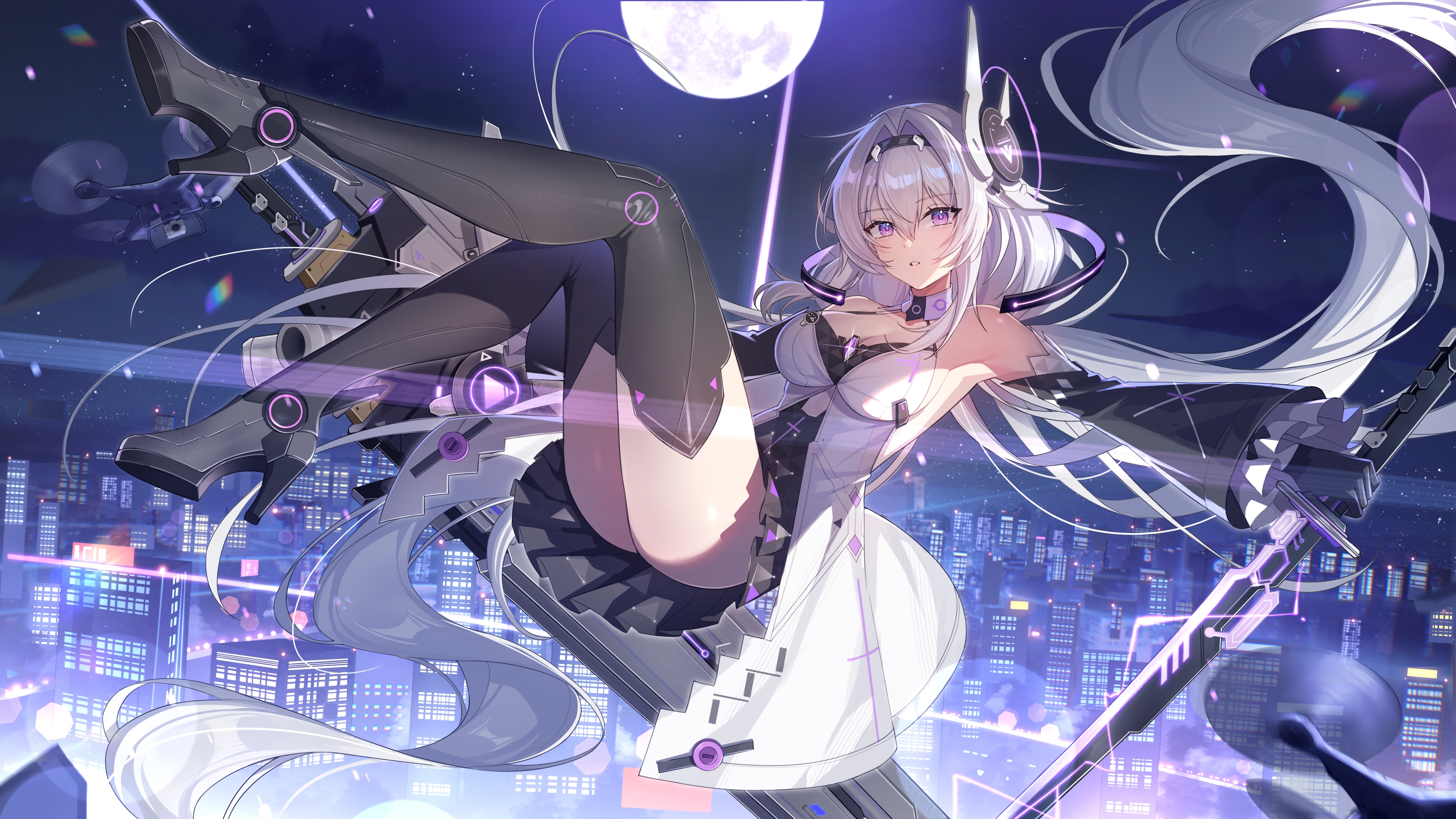 4K Anime Girl with Sword in City at Night HD Wallpaper
