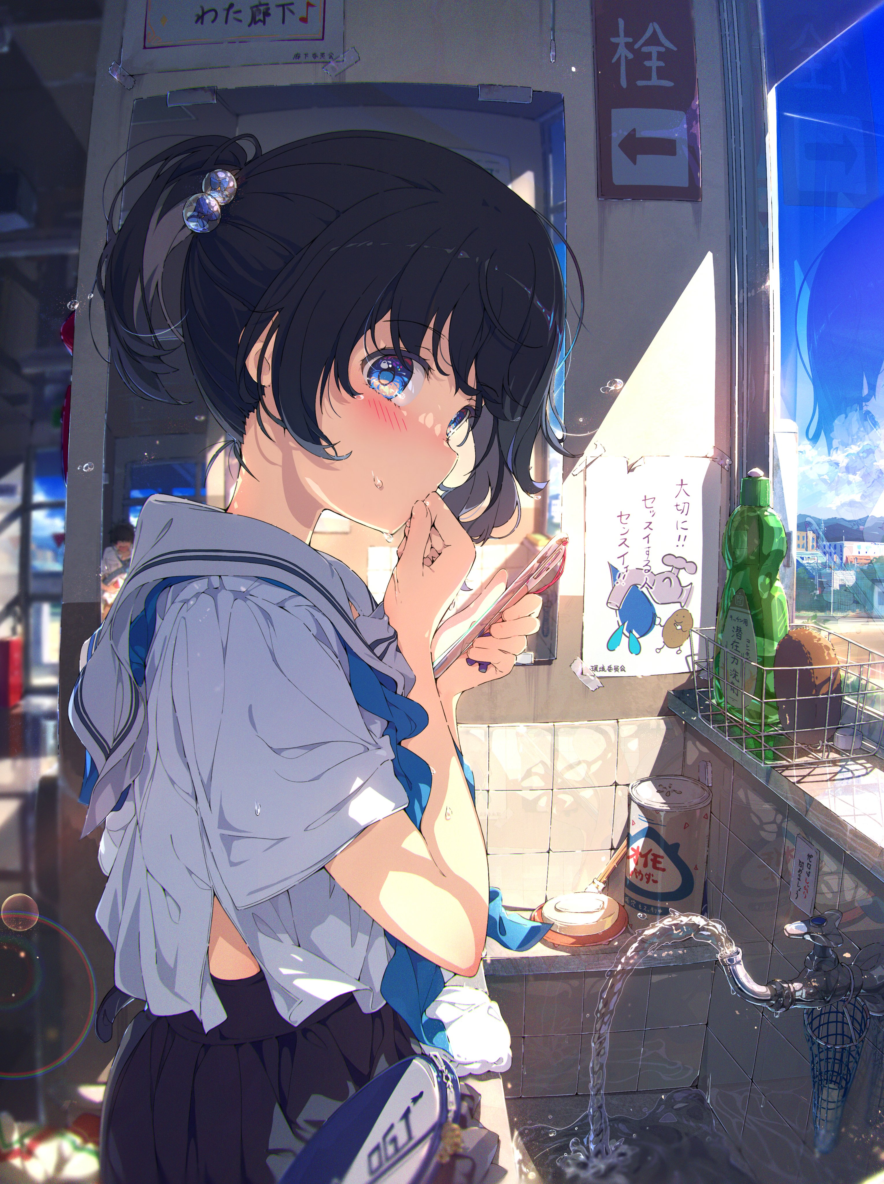 Schoolgirl with phone by a sink HD Phone Wallpaper