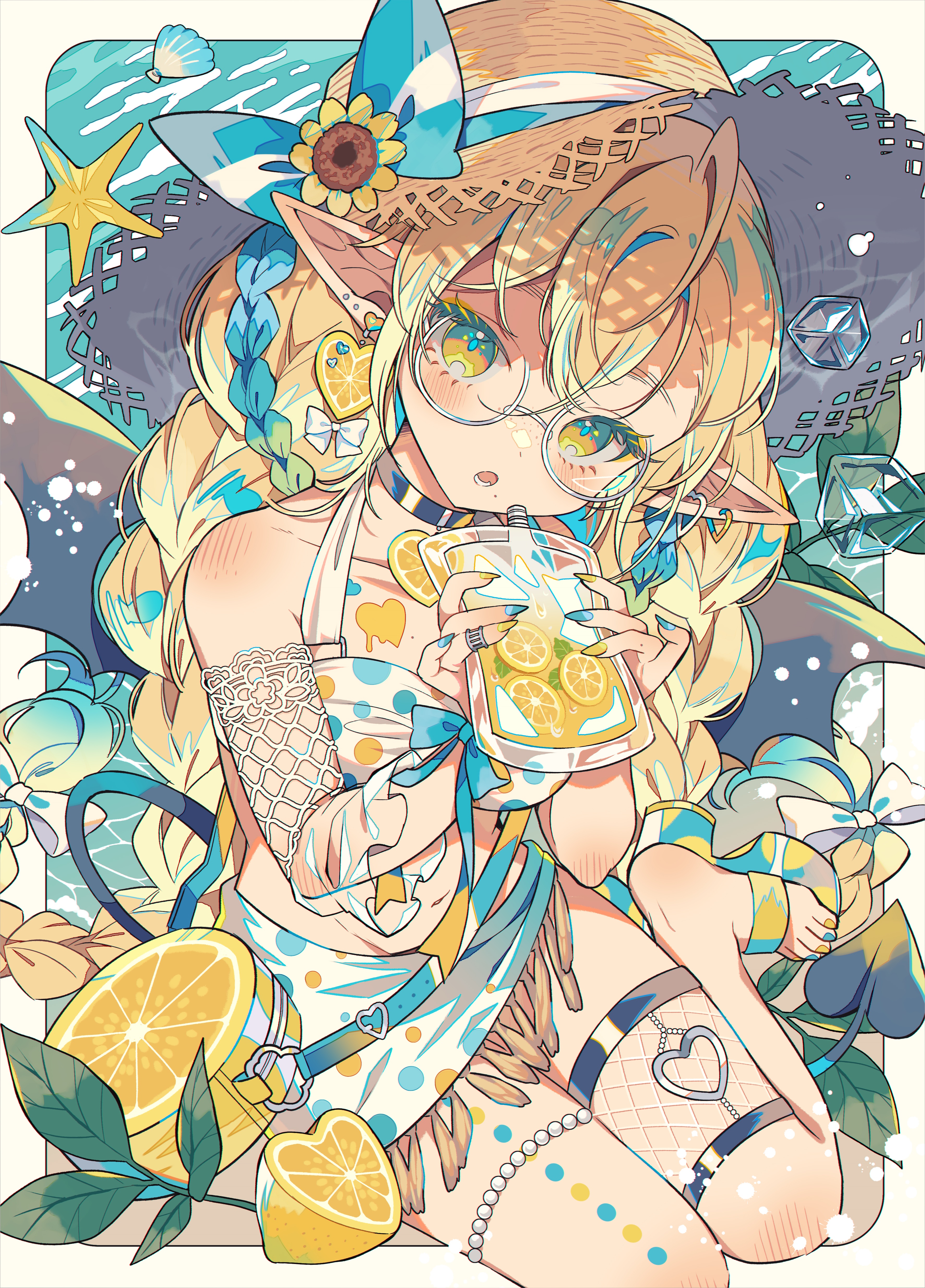 Anime girl with pointy ears drinking lemonade HD Phone Wallpaper