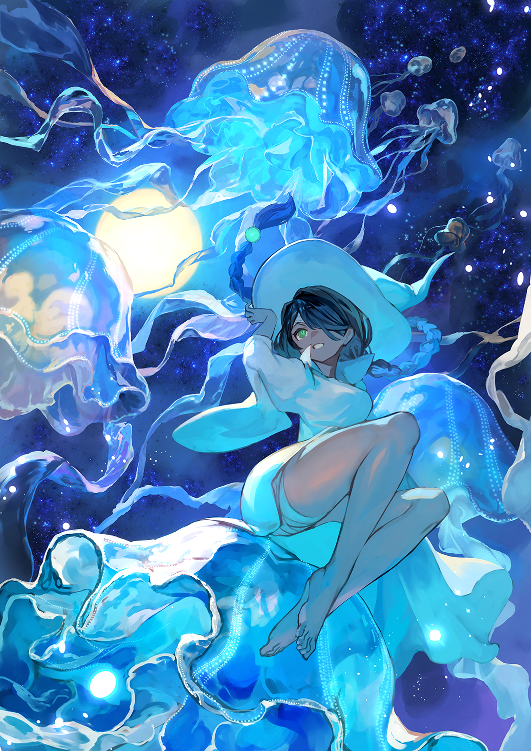 Girl with green eyes and jellyfish in starry water HD Phone Wallpaper
