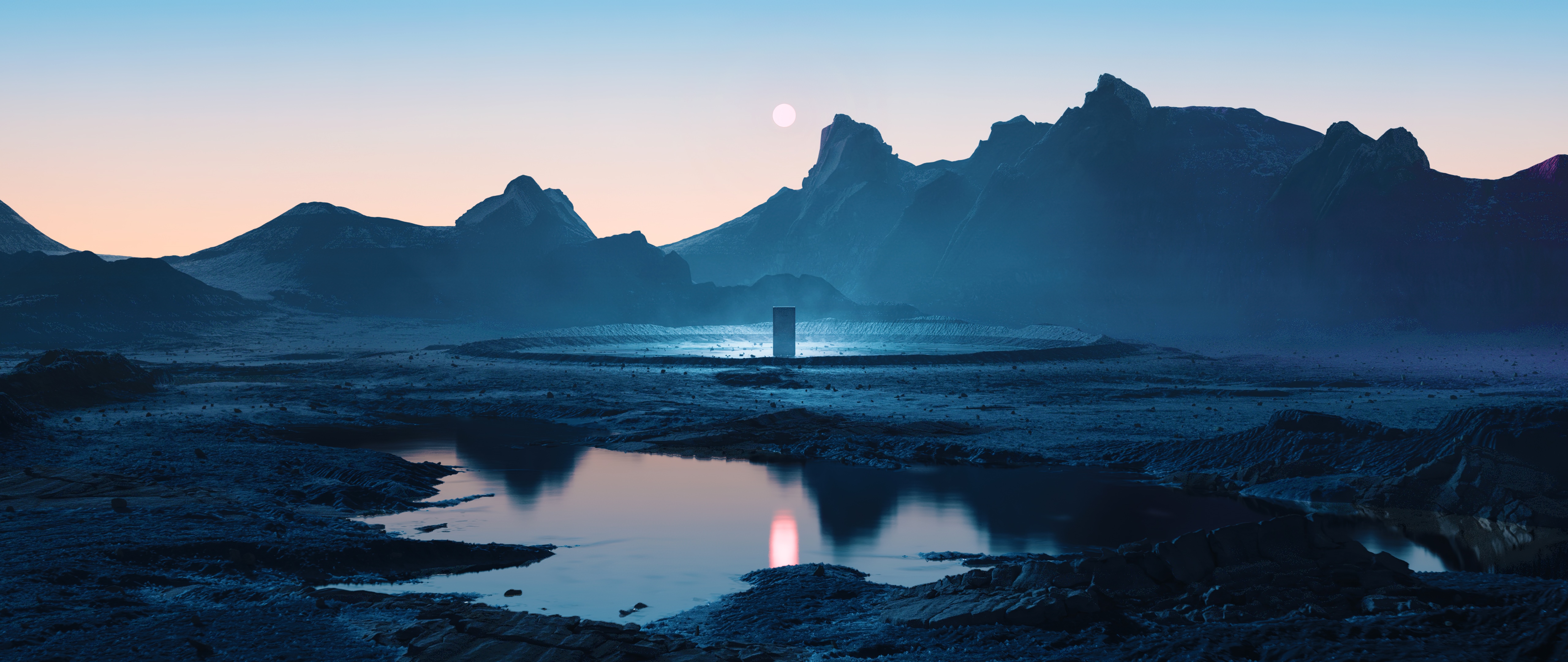 4K Ultrawide Surreal Landscape with Monolith and Mountains HD Wallpaper