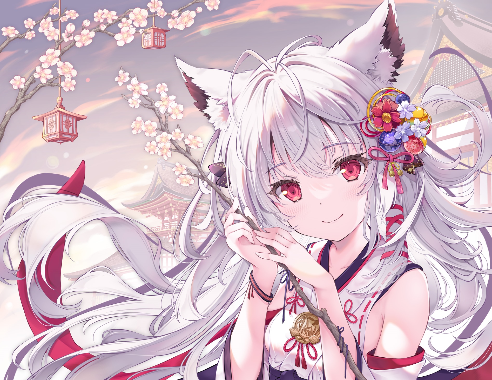 Anime fox girl with red eyes and flowers in hair HD Wallpaper