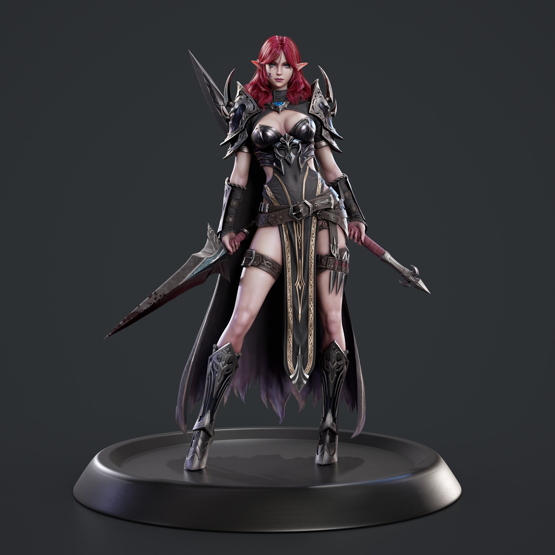 Elf warrior with red hair and armor holding weapons HD Wallpaper
