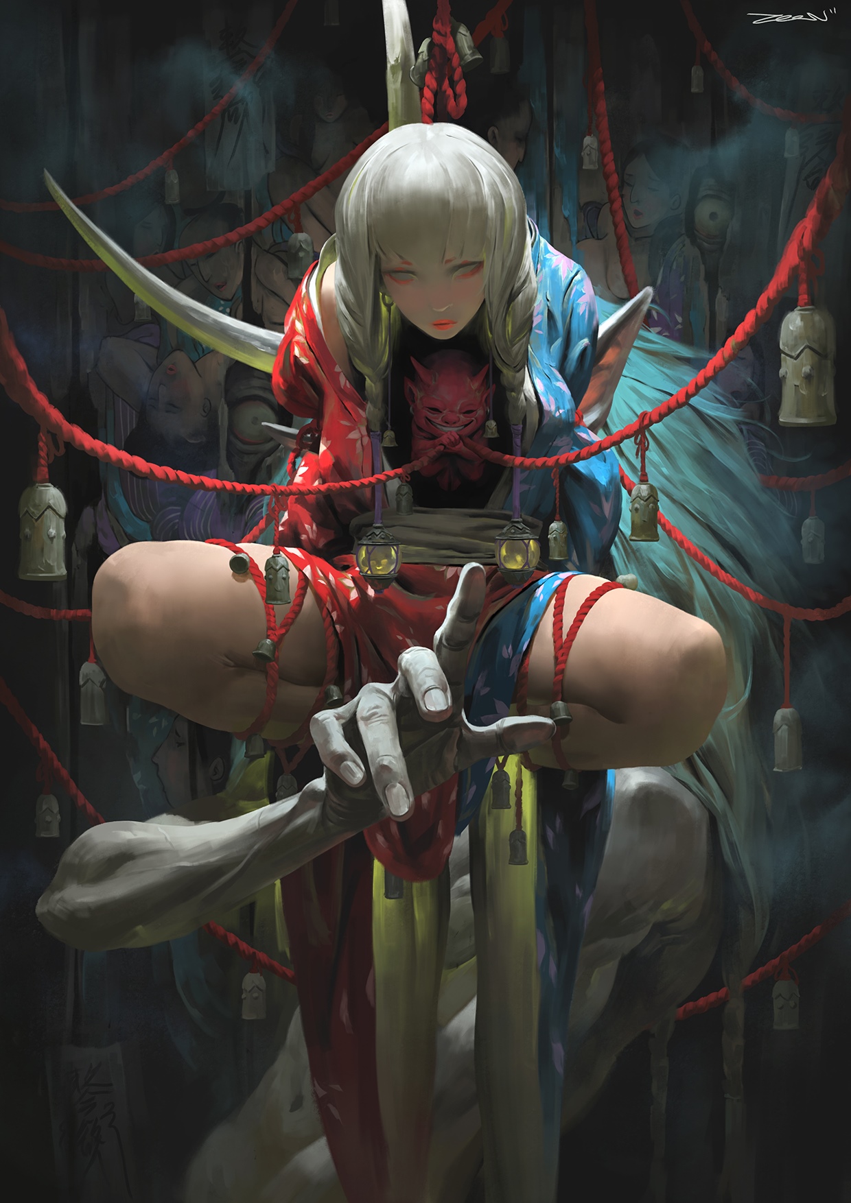 Zeen Chin artwork of a woman with a mask and creature HD Phone Wallpaper