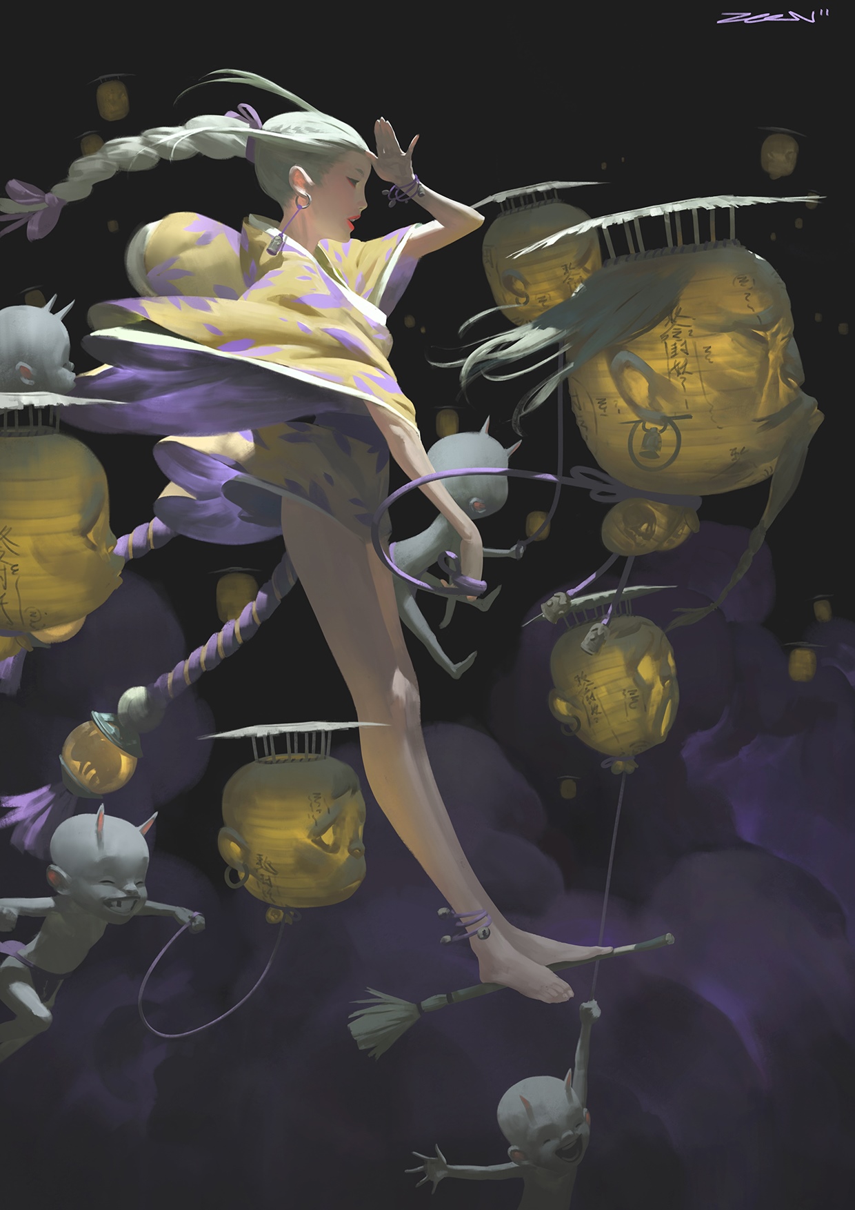 Zeen Chin's illustration of a woman with braids and creatures HD Phone Wallpaper
