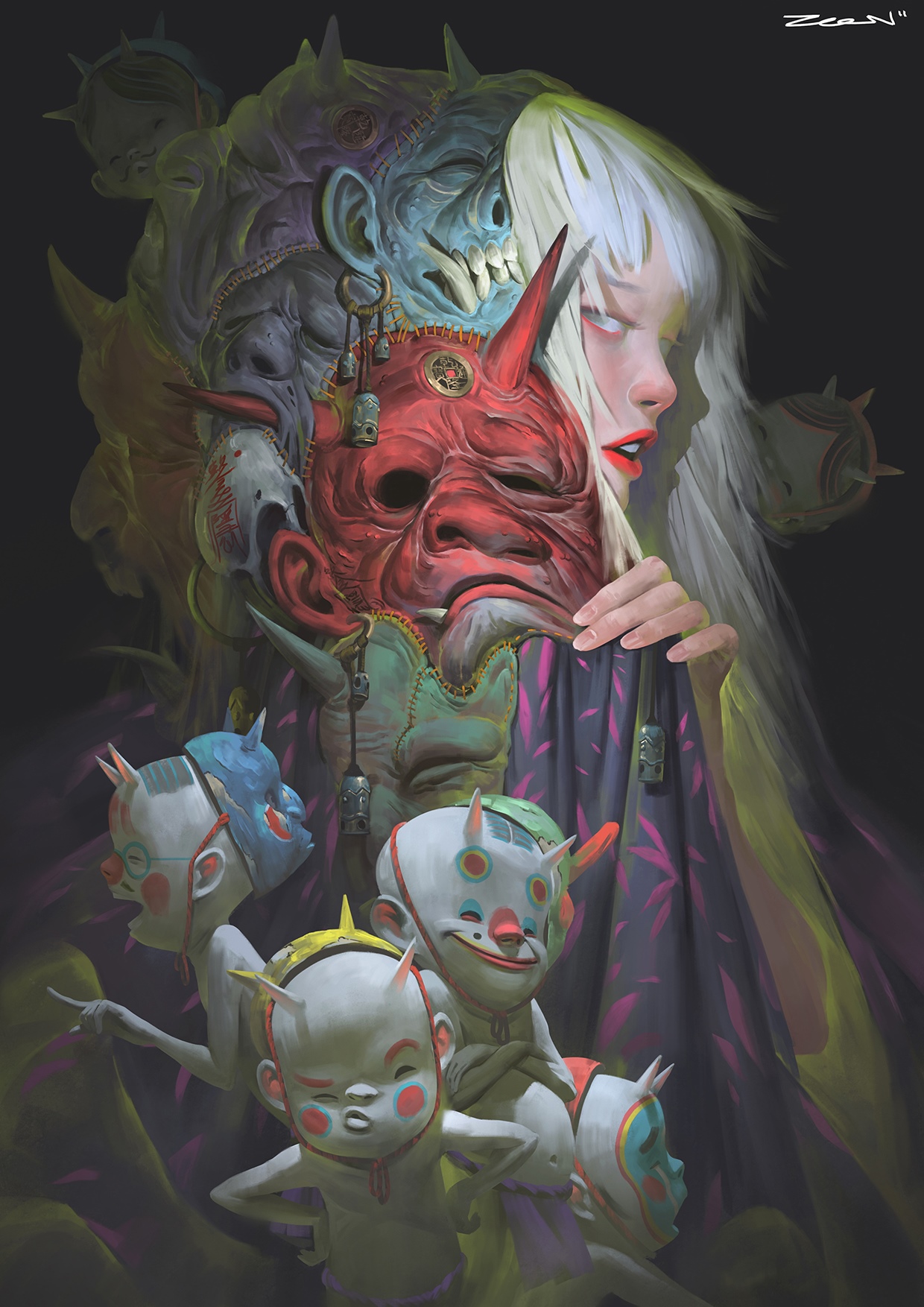 Zeen Chin's surreal portrait with masks and creatures HD Phone Wallpaper
