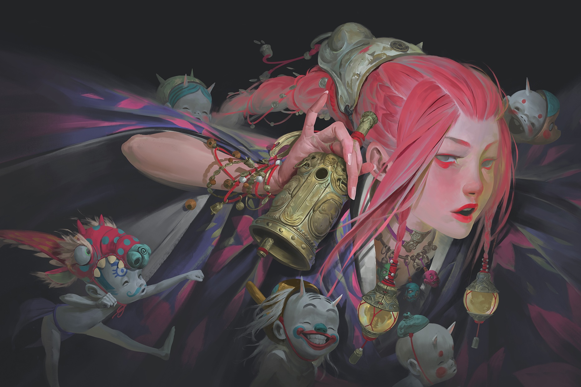 Zeen Chin's illustration of a woman with pink hair and creatures HD Wallpaper