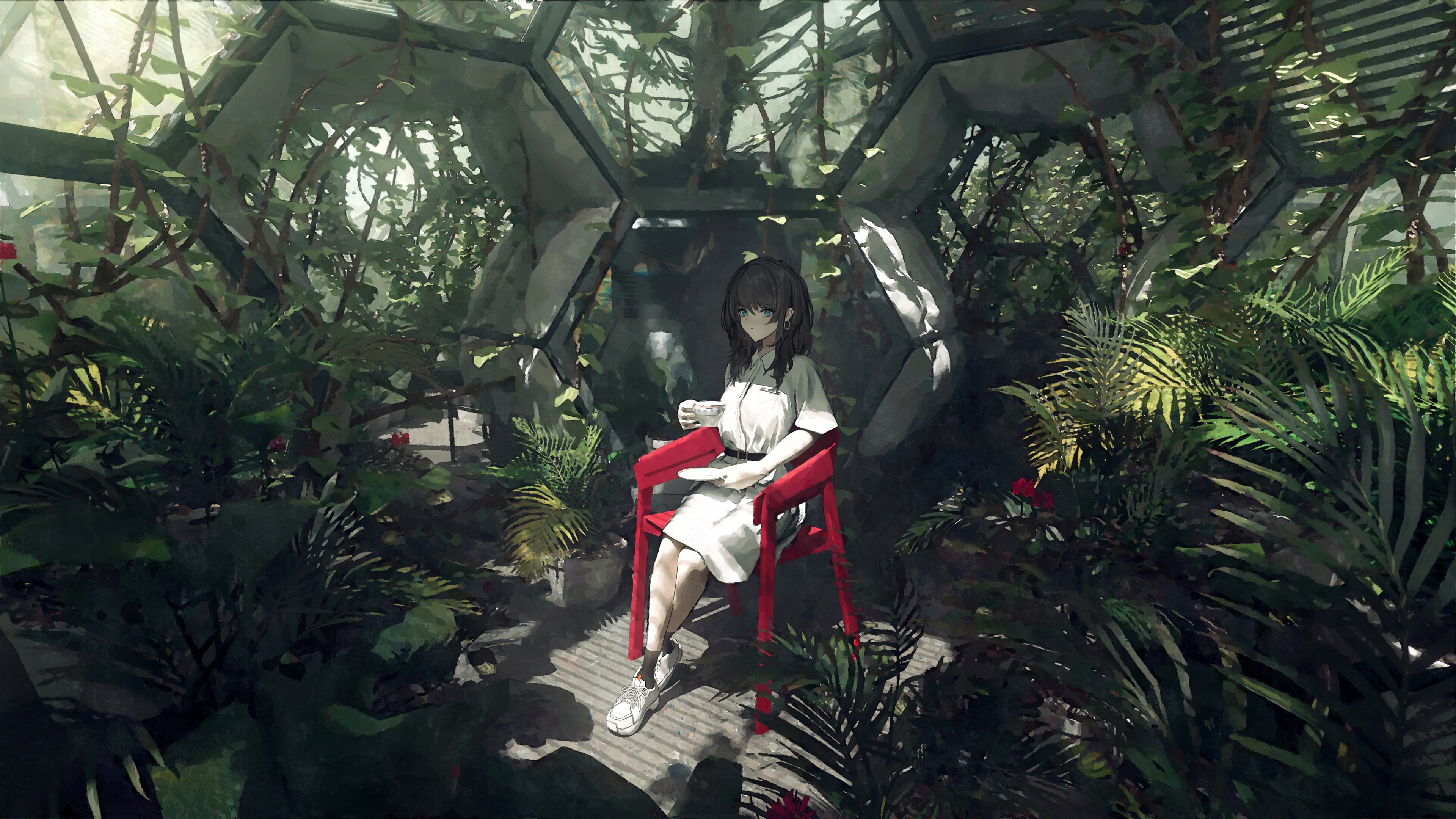 Girl in a greenhouse with plants and a chair HD Wallpaper