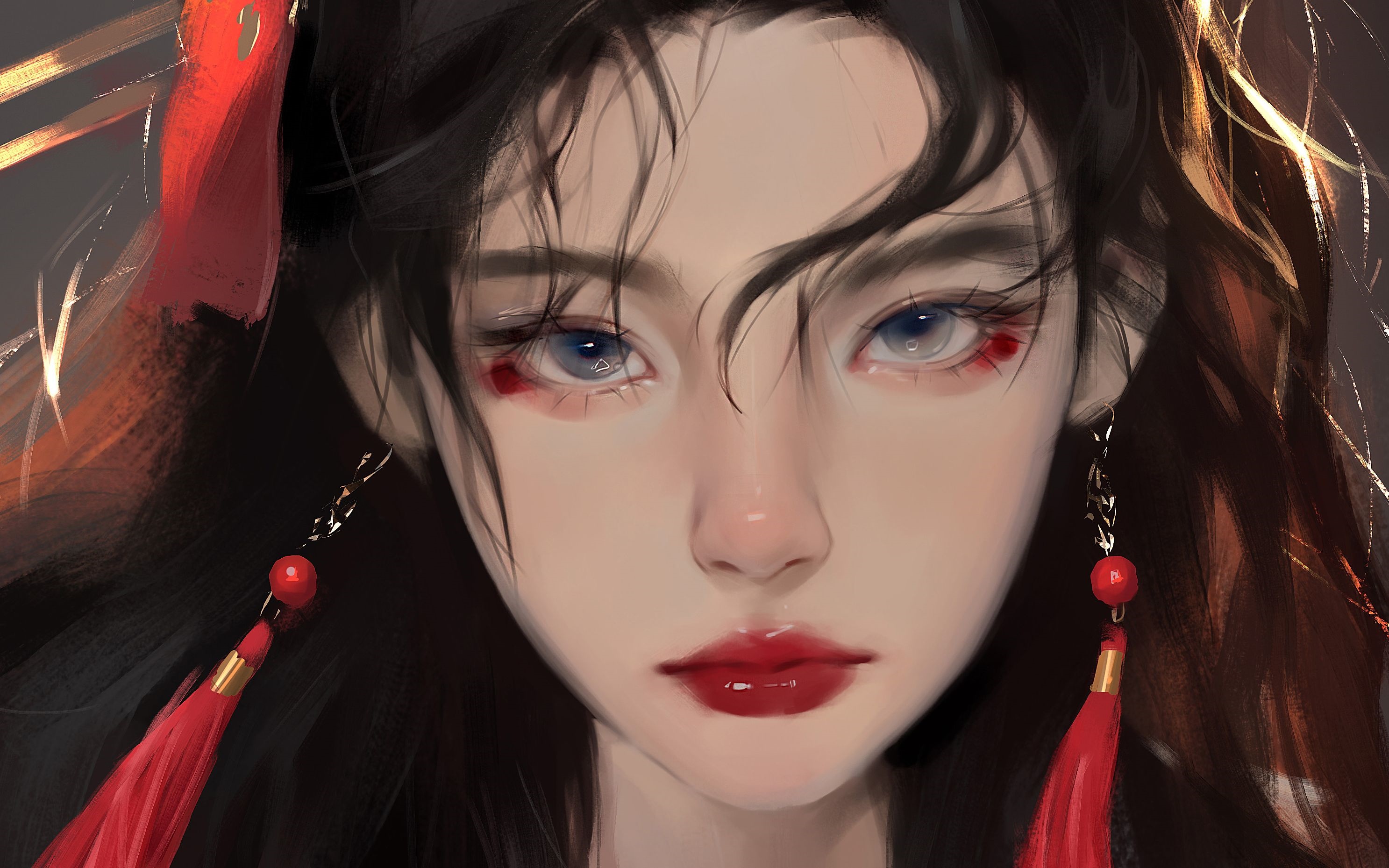 Asian woman with red tassels and earrings HD Wallpaper