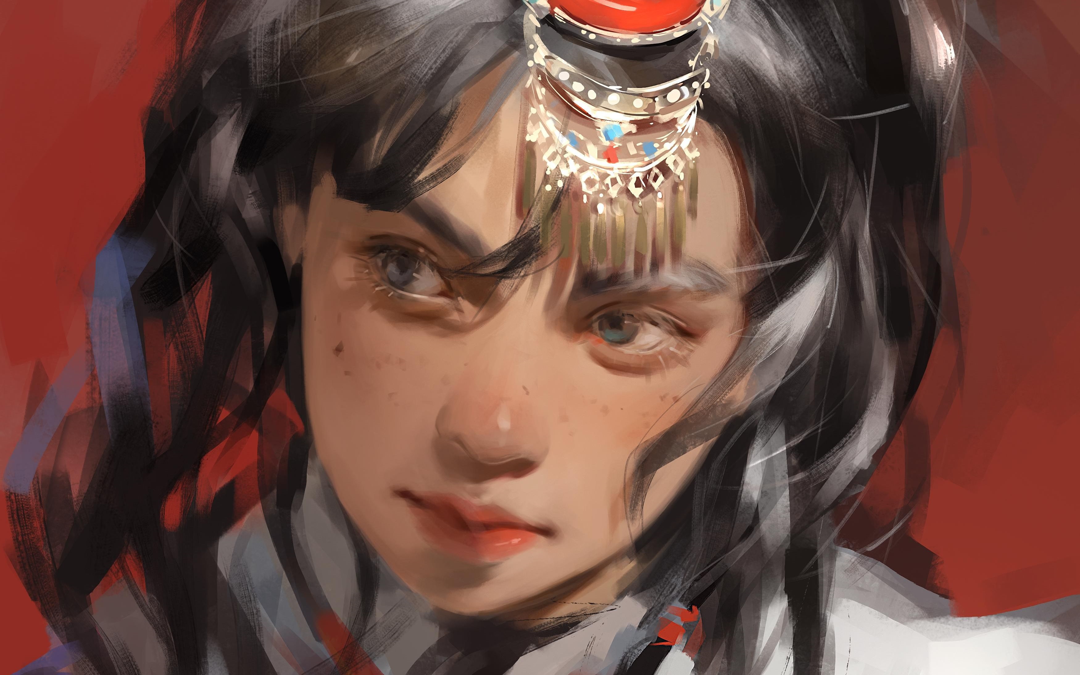 Woman with ornate headdress looking to the side HD Wallpaper