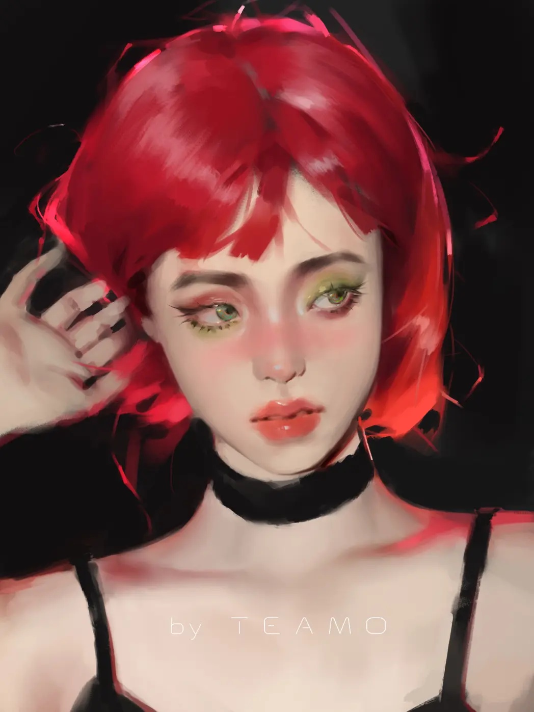 Redhead woman with green eyes wearing a choker HD Phone Wallpaper