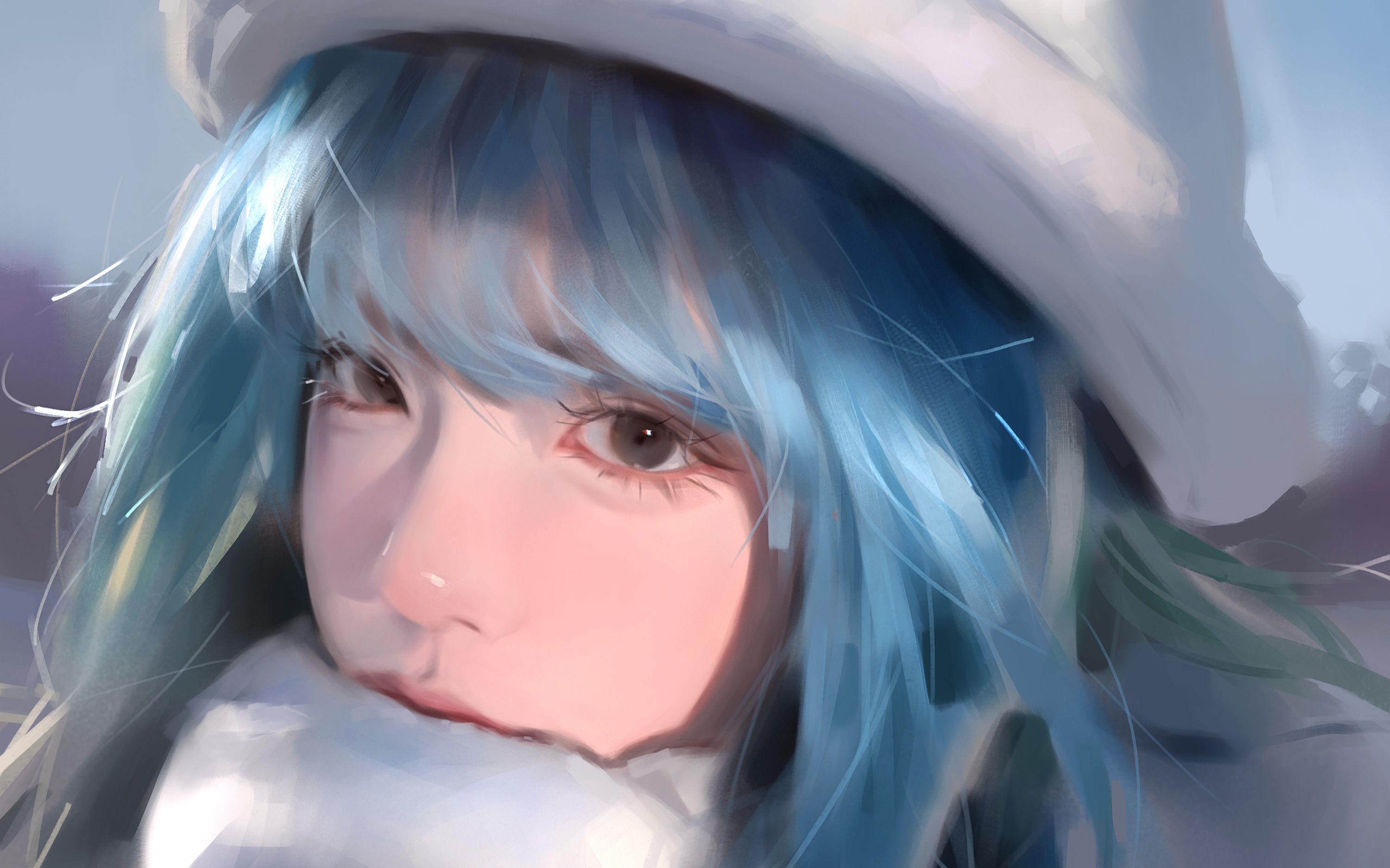 Woman with blue hair wearing a hat and scarf HD Wallpaper