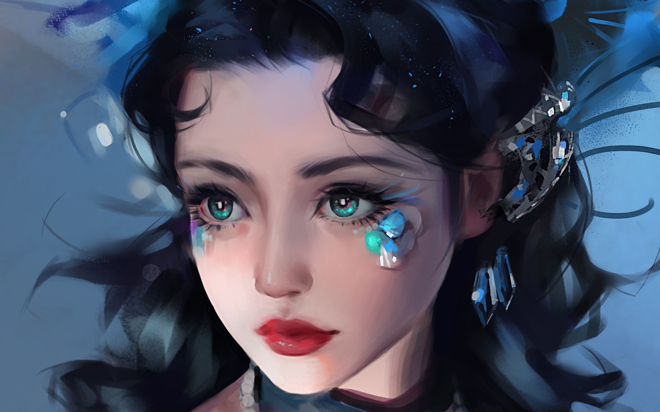 Artwork of a woman with blue butterfly decorations HD Wallpaper